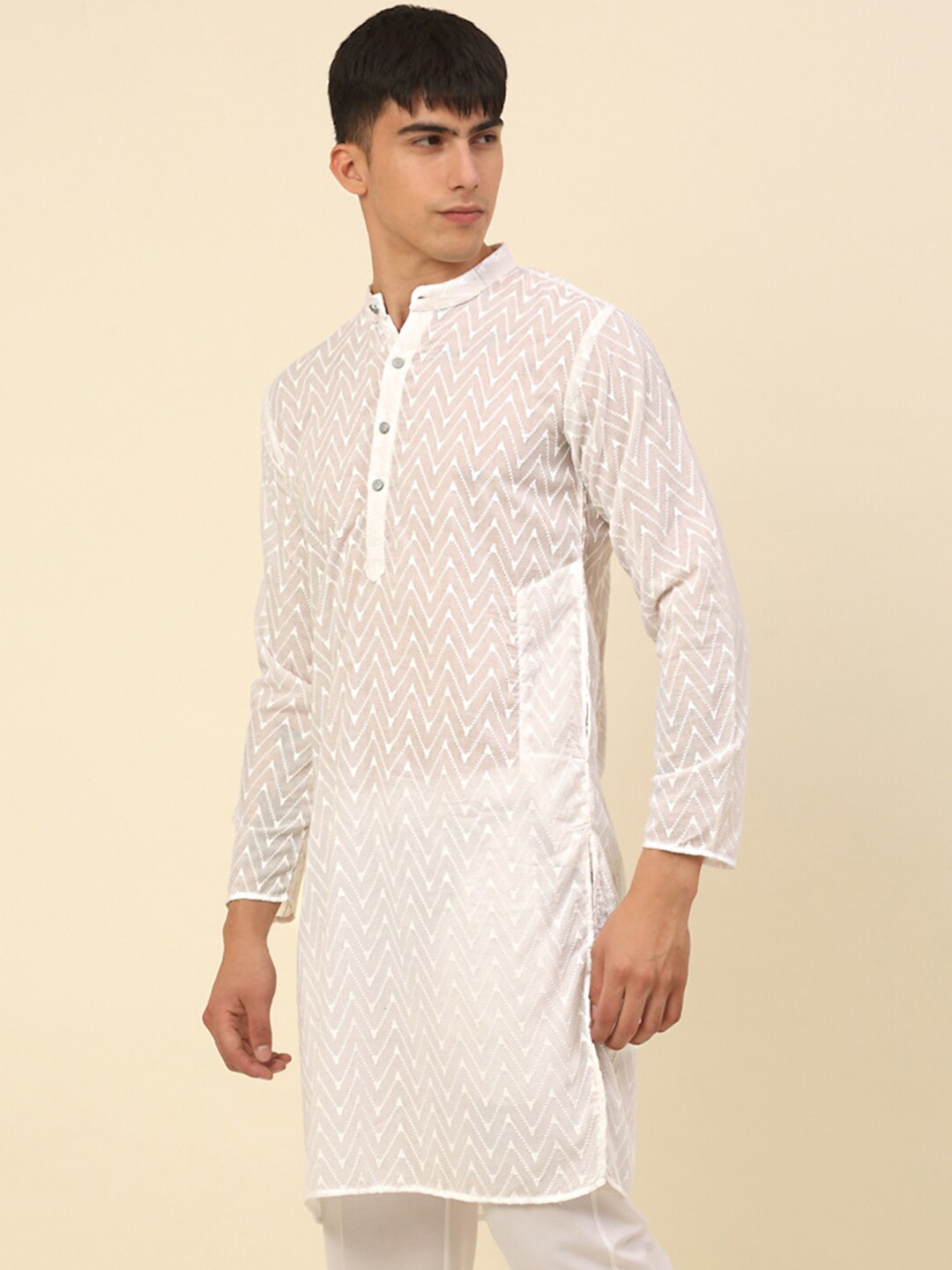 

Anouk White Chevron Woven Design Straight Pure Cotton Kurta