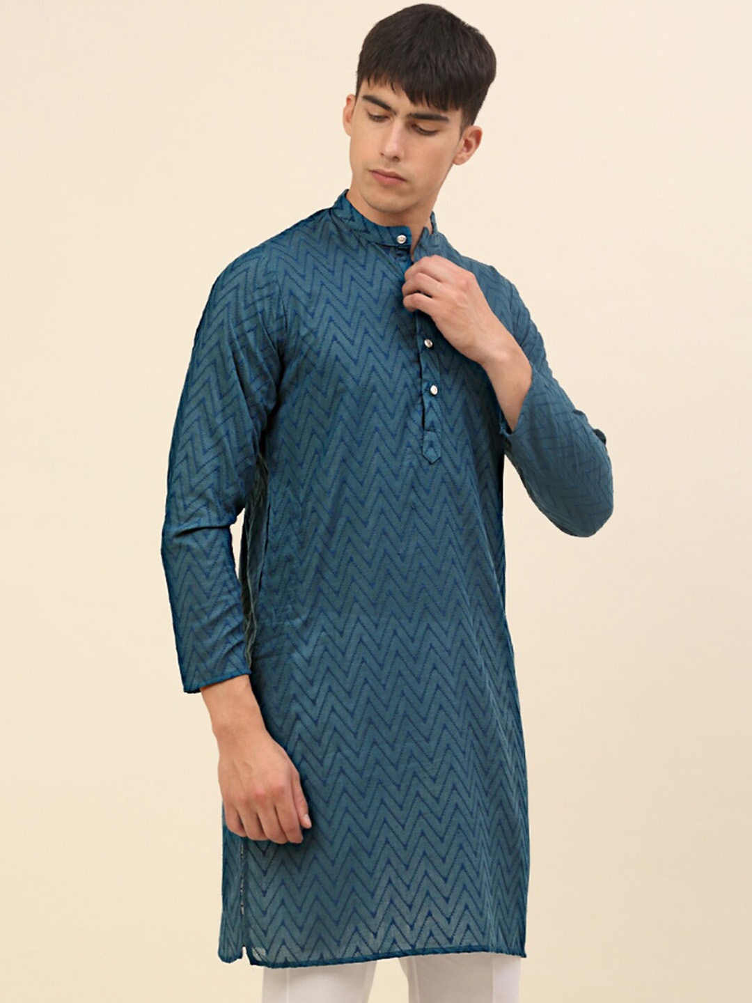 

Anouk Men Teal Geometric Embroidered Cotton Kurta