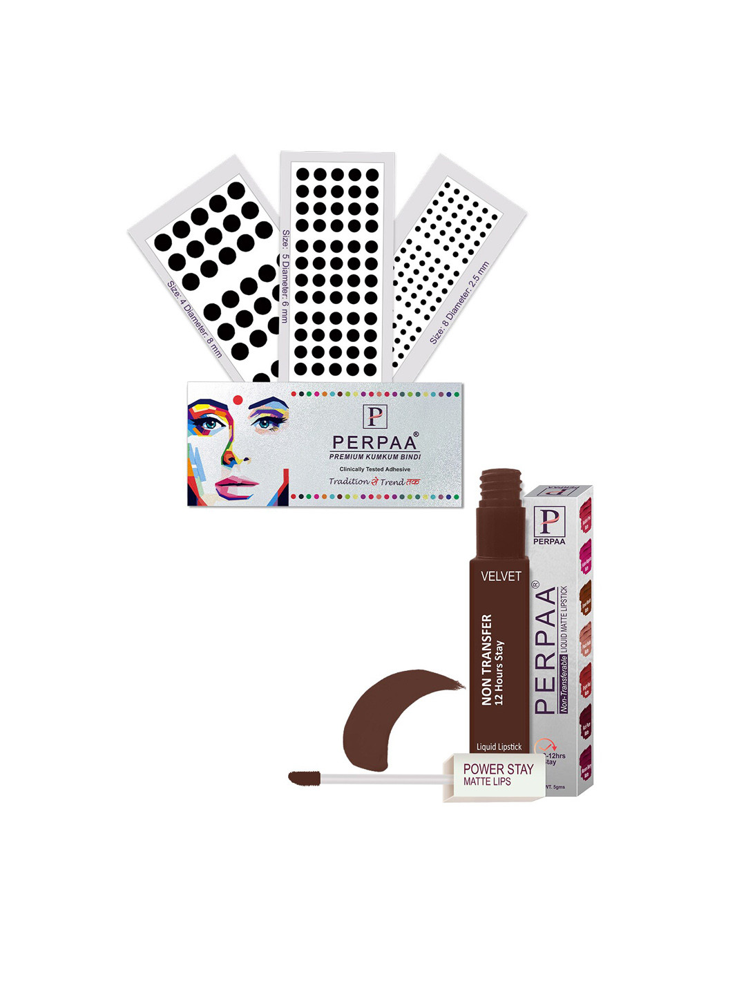 

PERPAA Power Stay Non Transfer Lipstick-16 & Set of 3 Premium Black Bindis - Size 04,05,08, Brown