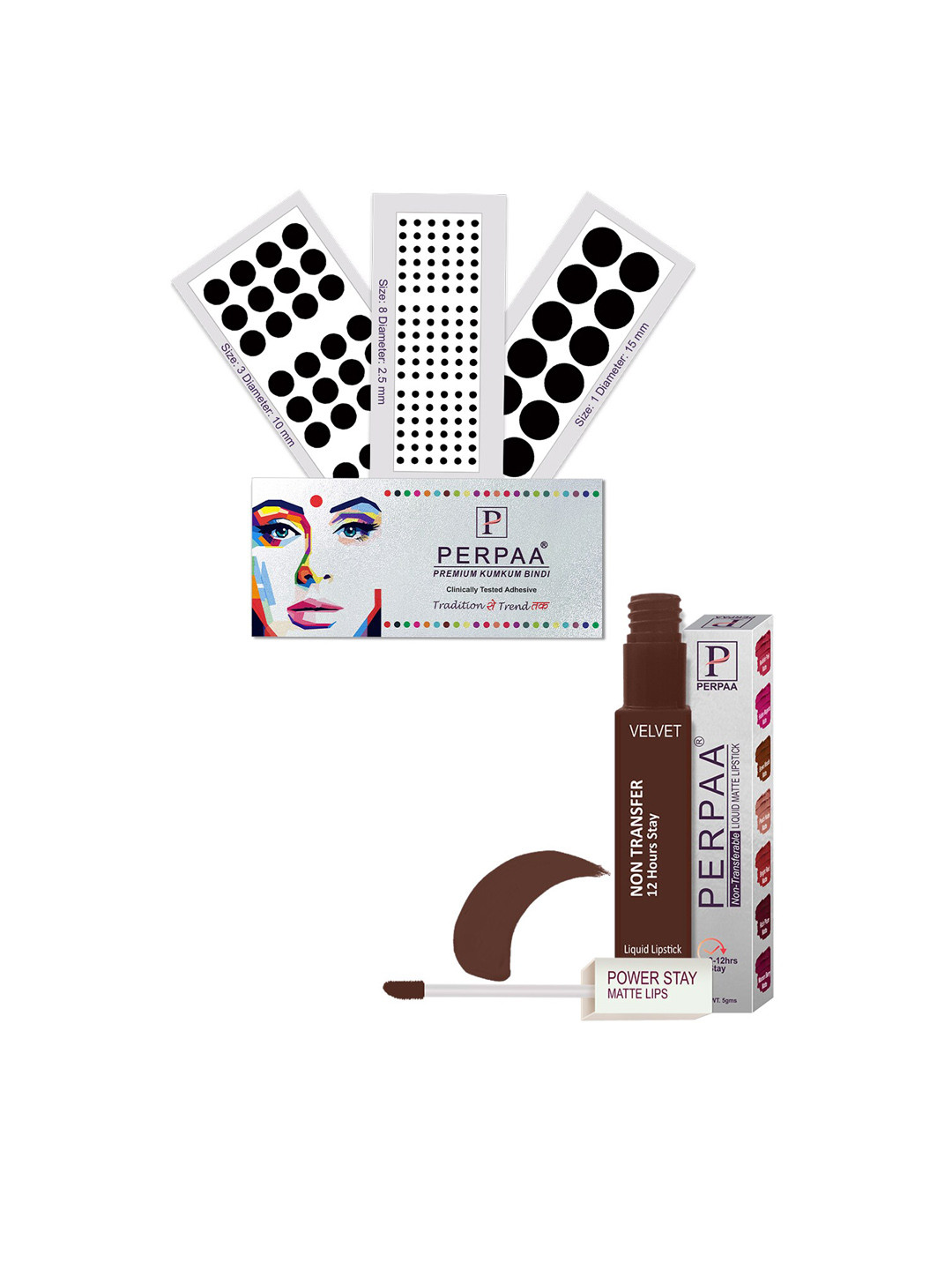 

PERPAA Power Stay Liquid Lipstick - 16 with 3 Premium Black Bindi Flaps - Size 01,03,08
