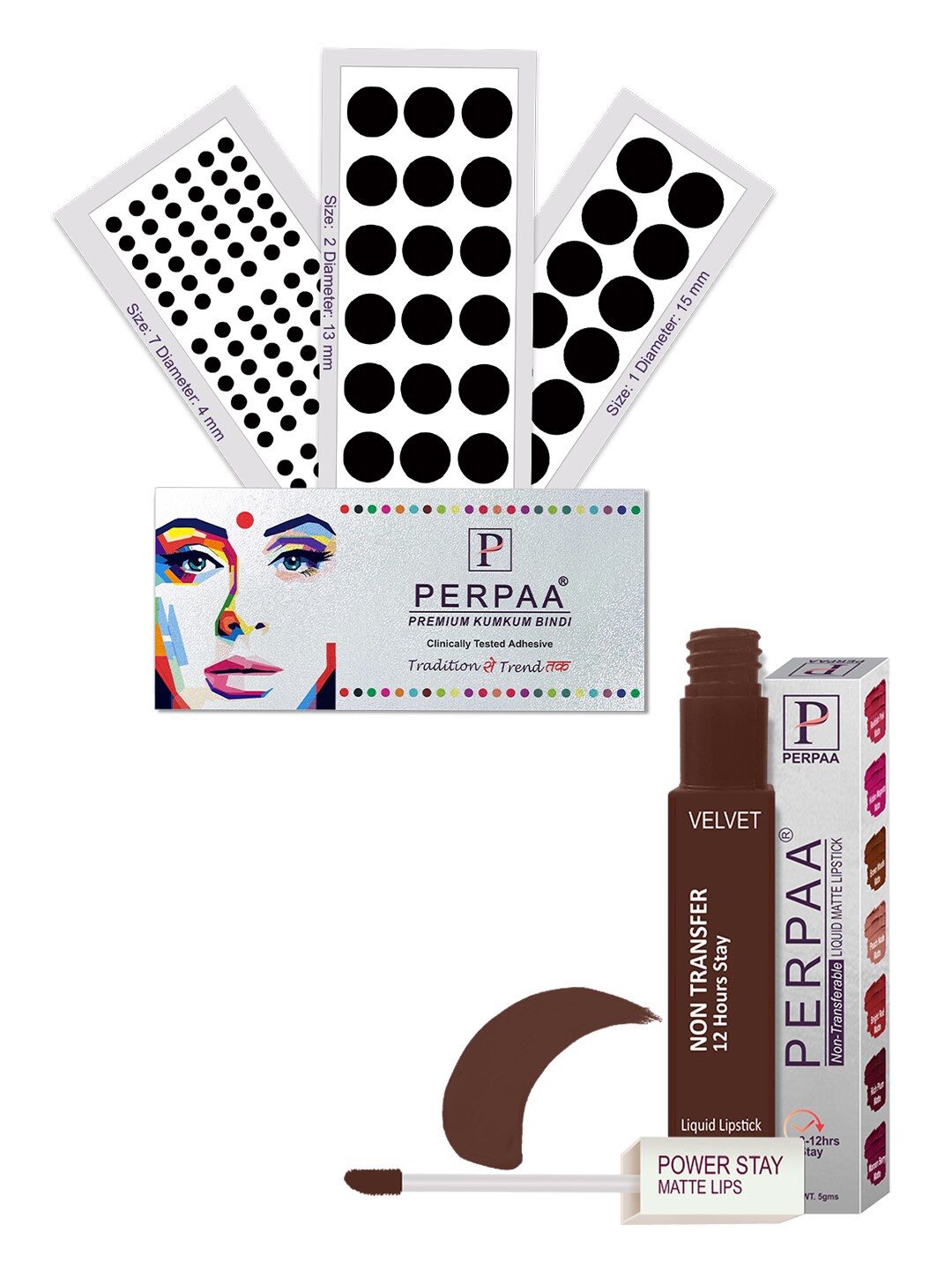 

PERPAA Premium Set Of 4 Black Bindi Flaps & Power Stay Non Transfer Lipstick - PS16