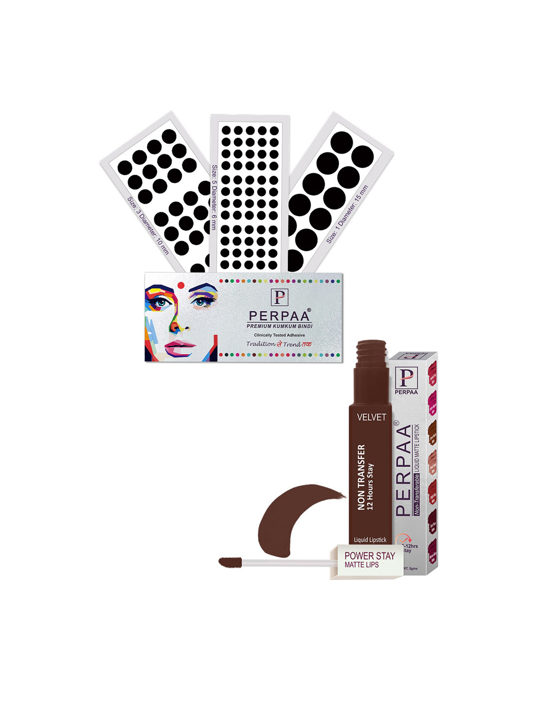 

PERPAA Premium Set Of 4 Black Bindi Flaps & Power Stay Non Transfer Lipstick - PS16