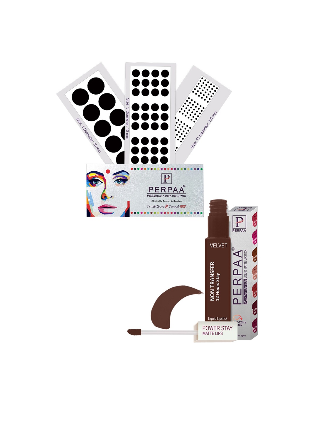 

PERPAA Premium Set Of 4 Black Bindi Flaps & Power Stay Non Transfer Lipstick - PS16