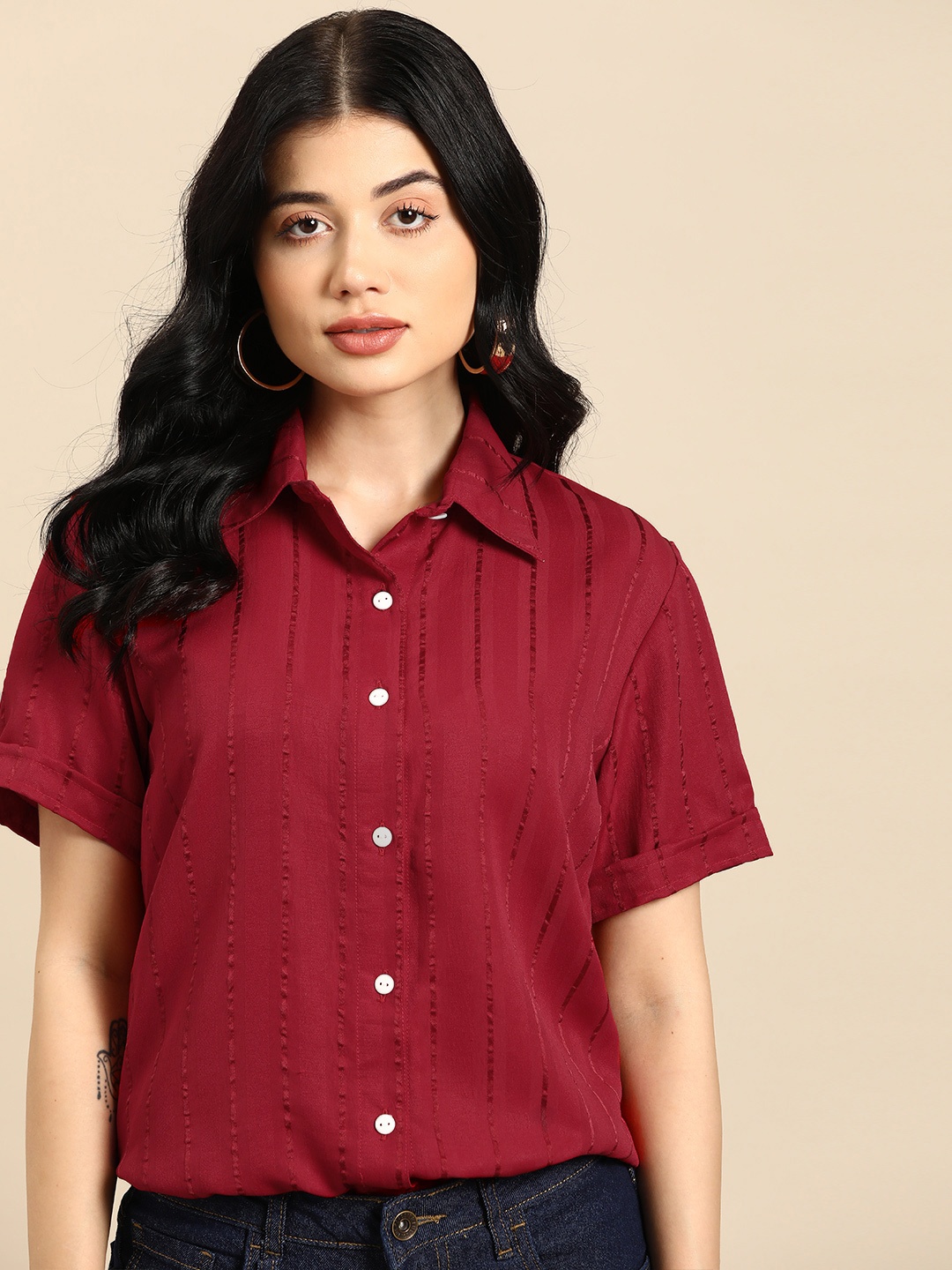 

all about you Striped Crepe Shirt Style Top, Maroon