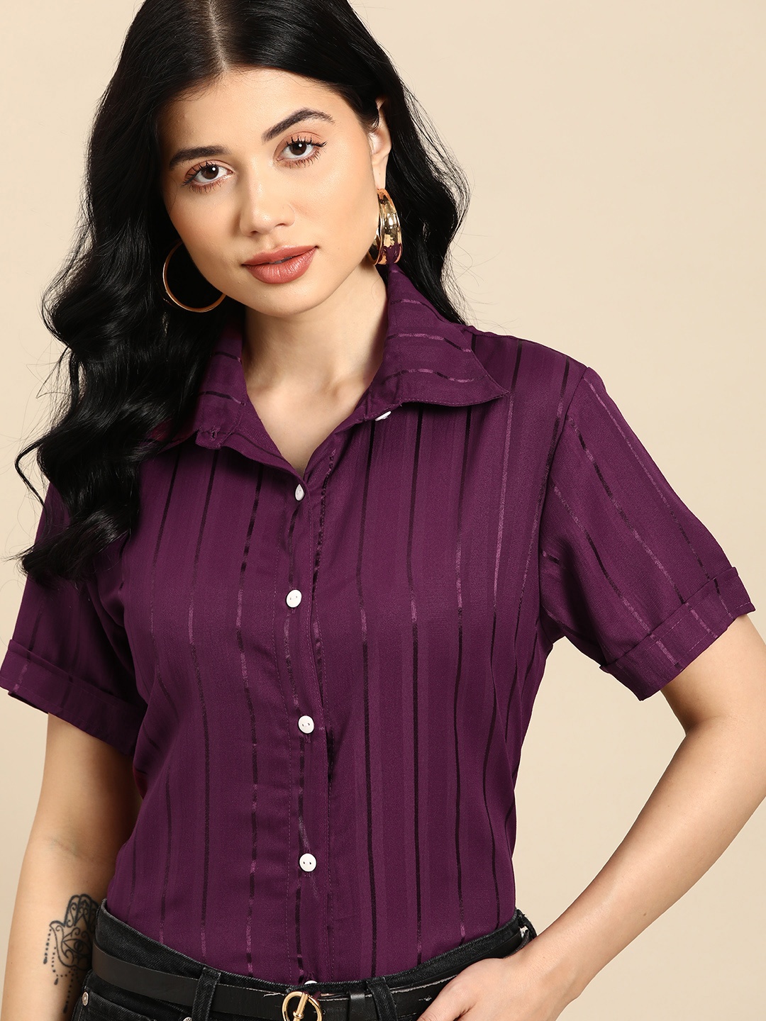 

all about you Striped Crepe Shirt Style Top, Burgundy