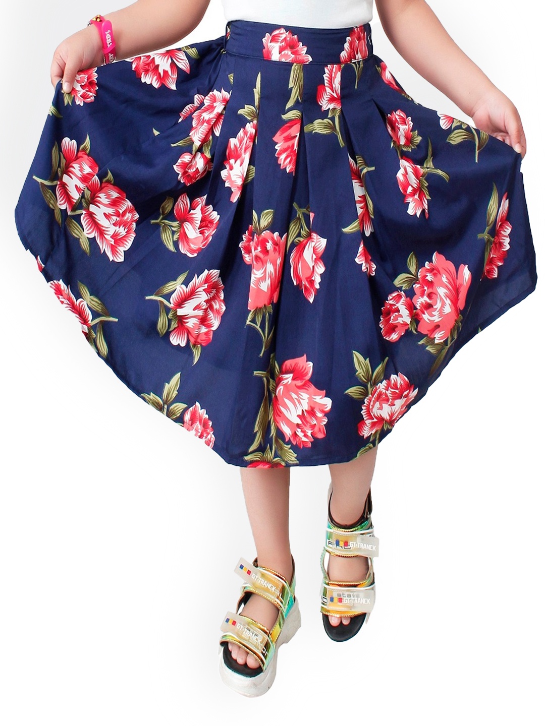 

R Cube Girls Floral Printed Flared Skirt, Navy blue