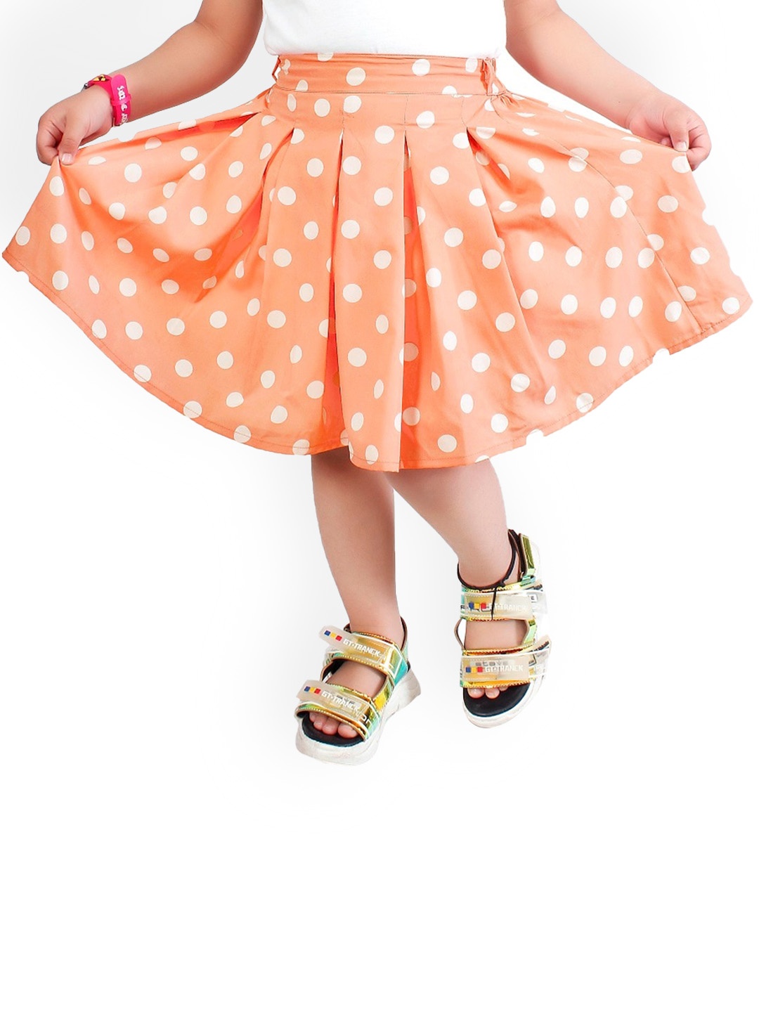 

R Cube Girls Polka Dots Printed Knee-Length Flared Skirt, Peach
