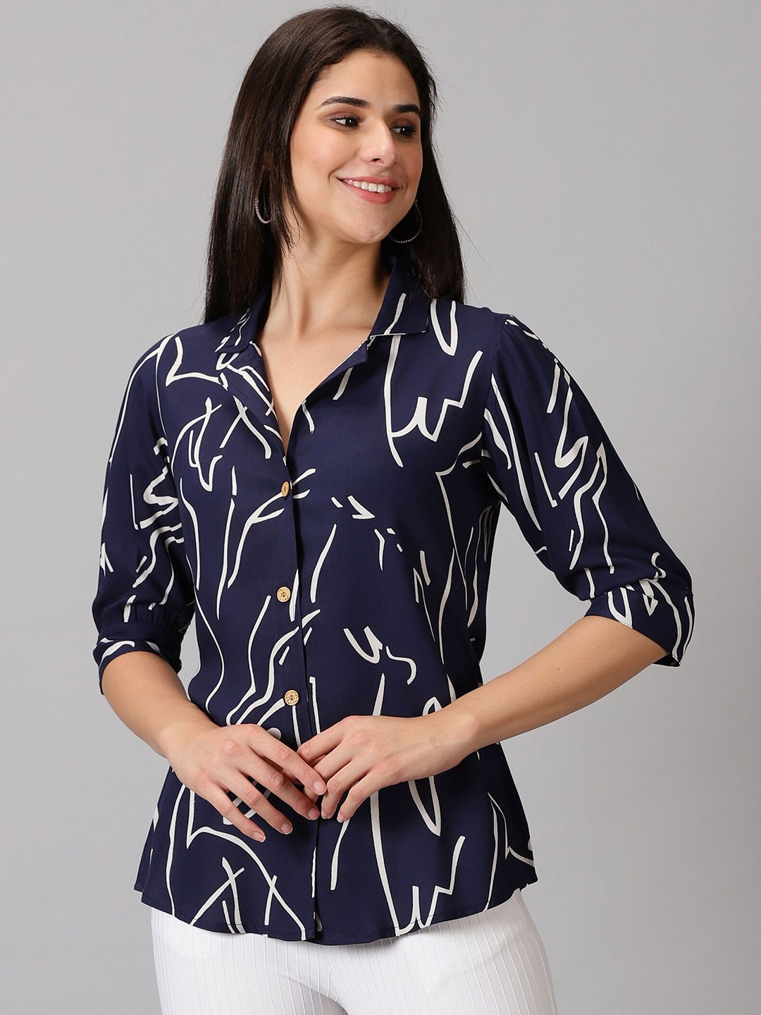 

DRESSAR Standard Printed Spread Collar Casual Shirt, Navy blue