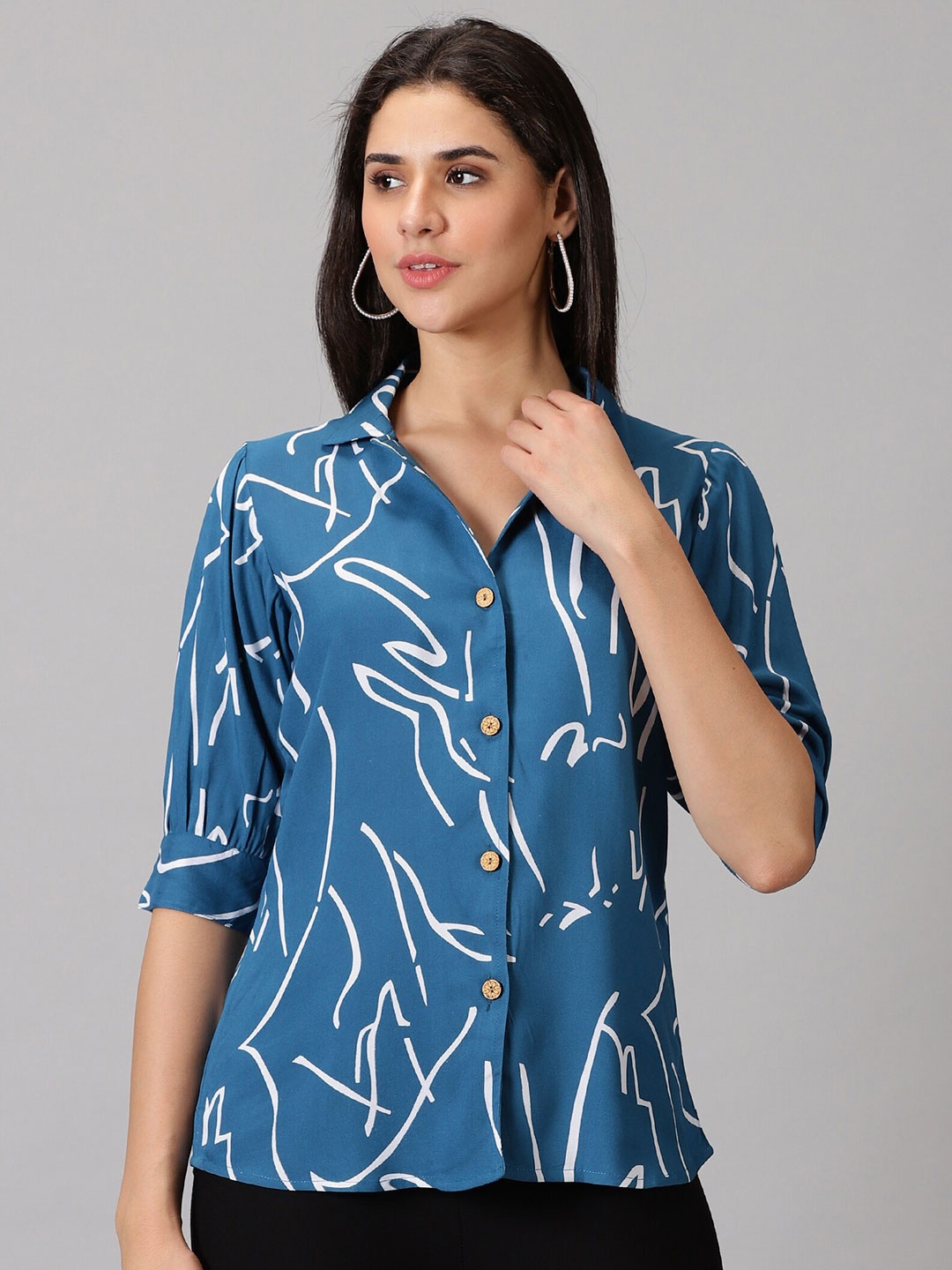 

DRESSAR Standard Printed Spread Collar Casual Shirt, Blue