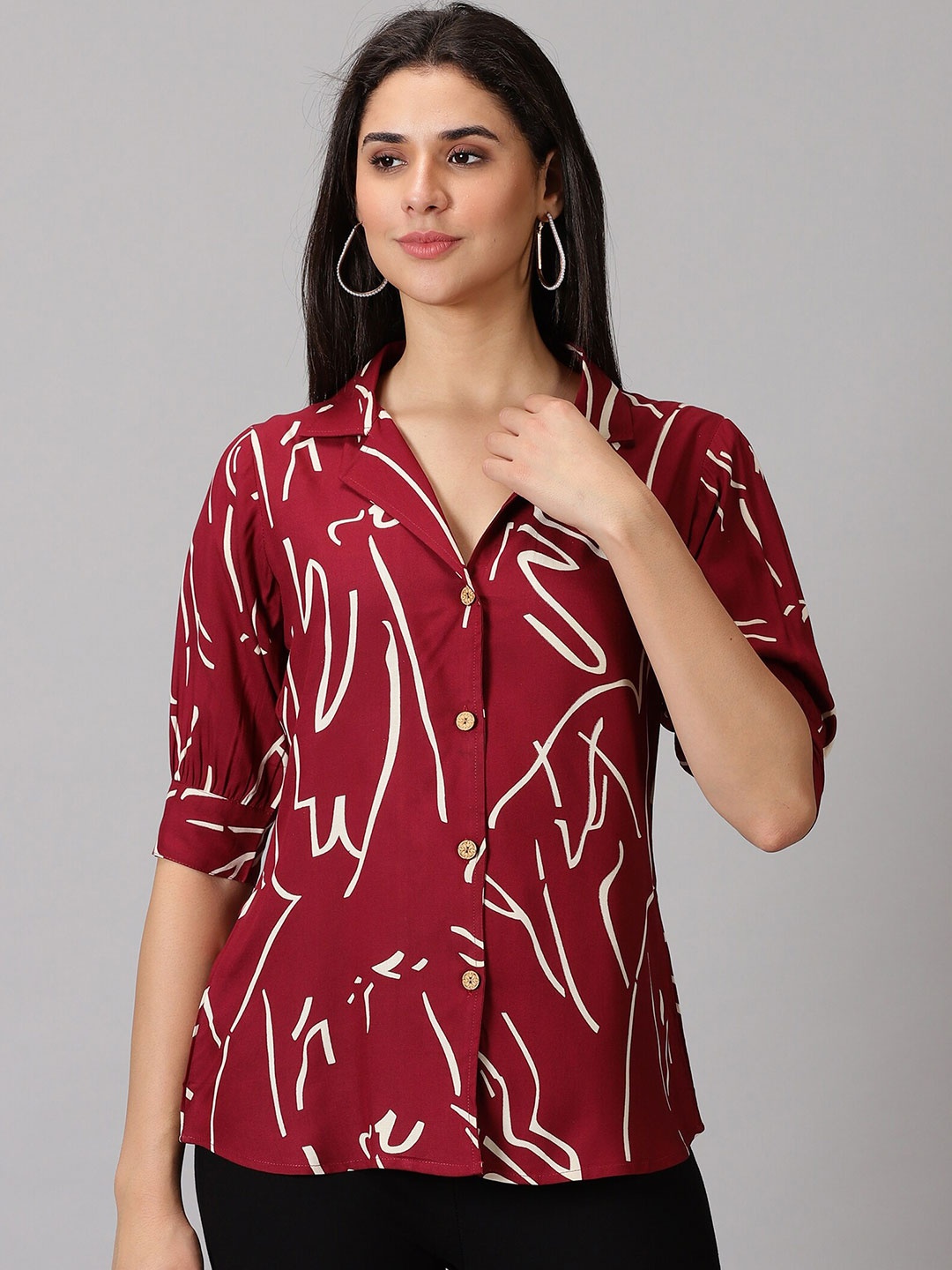 

DRESSAR Standard Printed Spread Collar Casual Shirt, Maroon