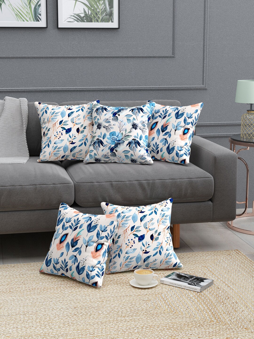 

EverHOME Blue & White 5 Pieces Floral Cotton Square Cushion Covers