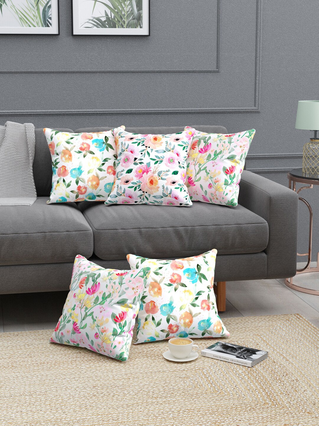 

EverHOME White & Blue 5 Pieces Floral Printed Cotton Square Cushion Covers