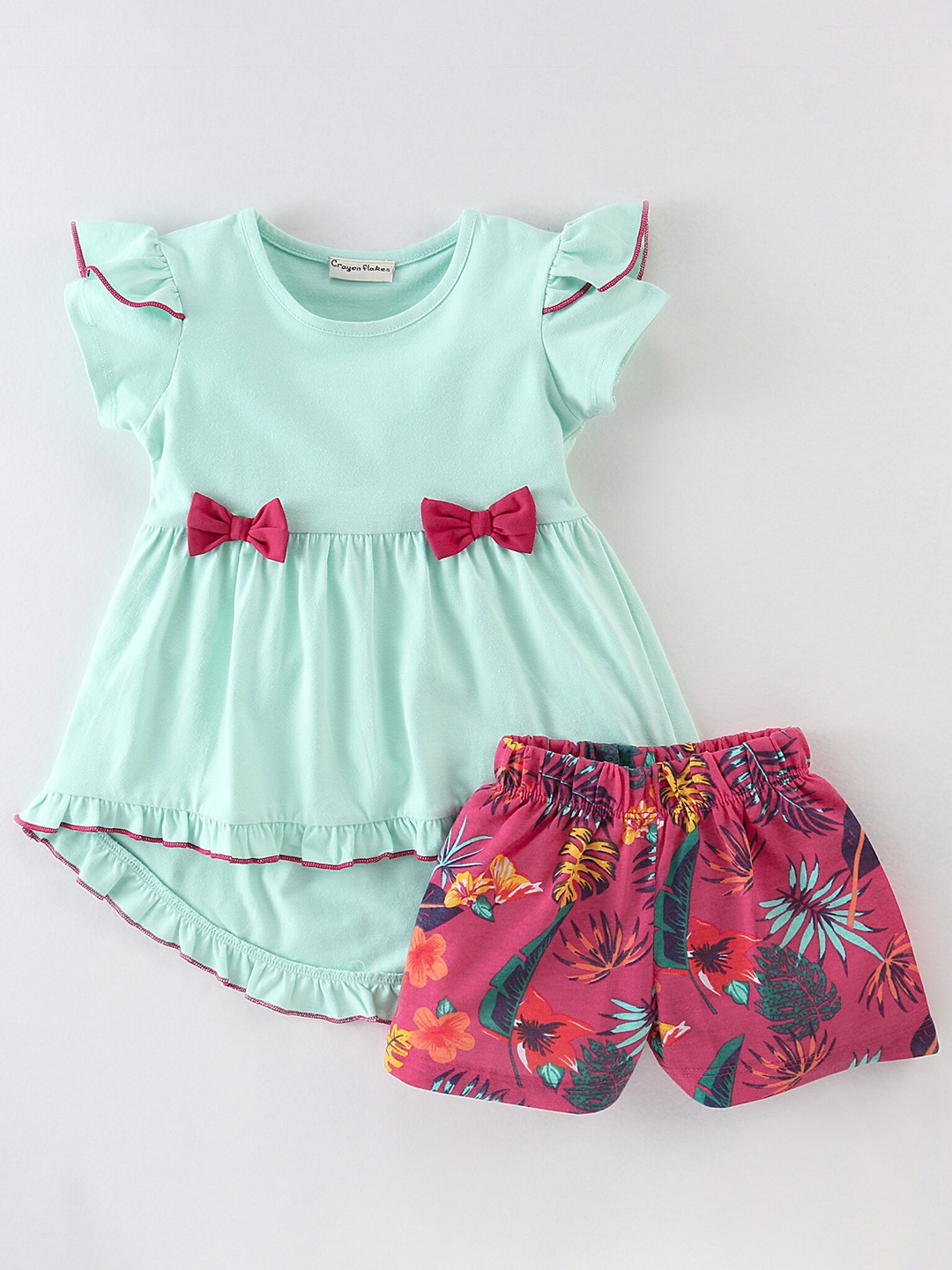 

CrayonFlakes Girls Ruffled Top With Shorts, Sea green