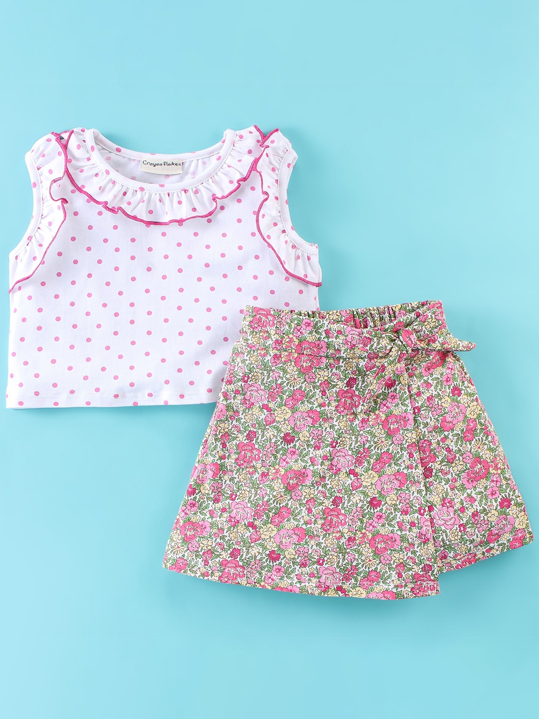 

CrayonFlakes Girls Printed Top with Shorts, White