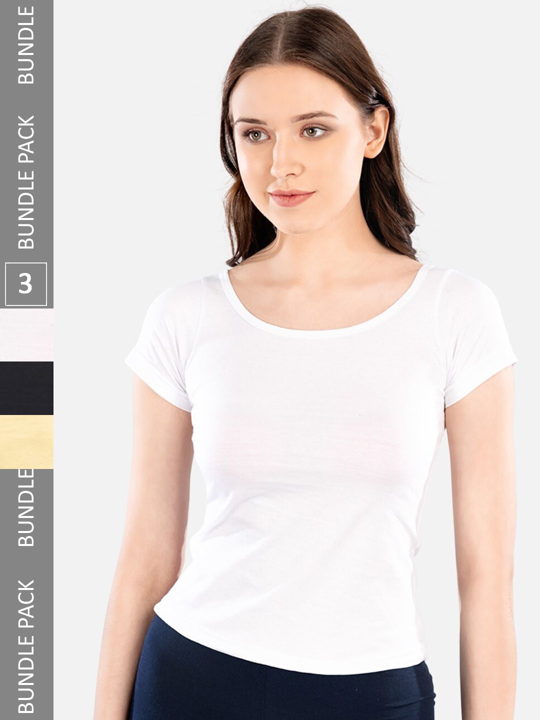 

indian flower Pack Of 3 Pure Cotton Half Sleeves Fitted Tops, White