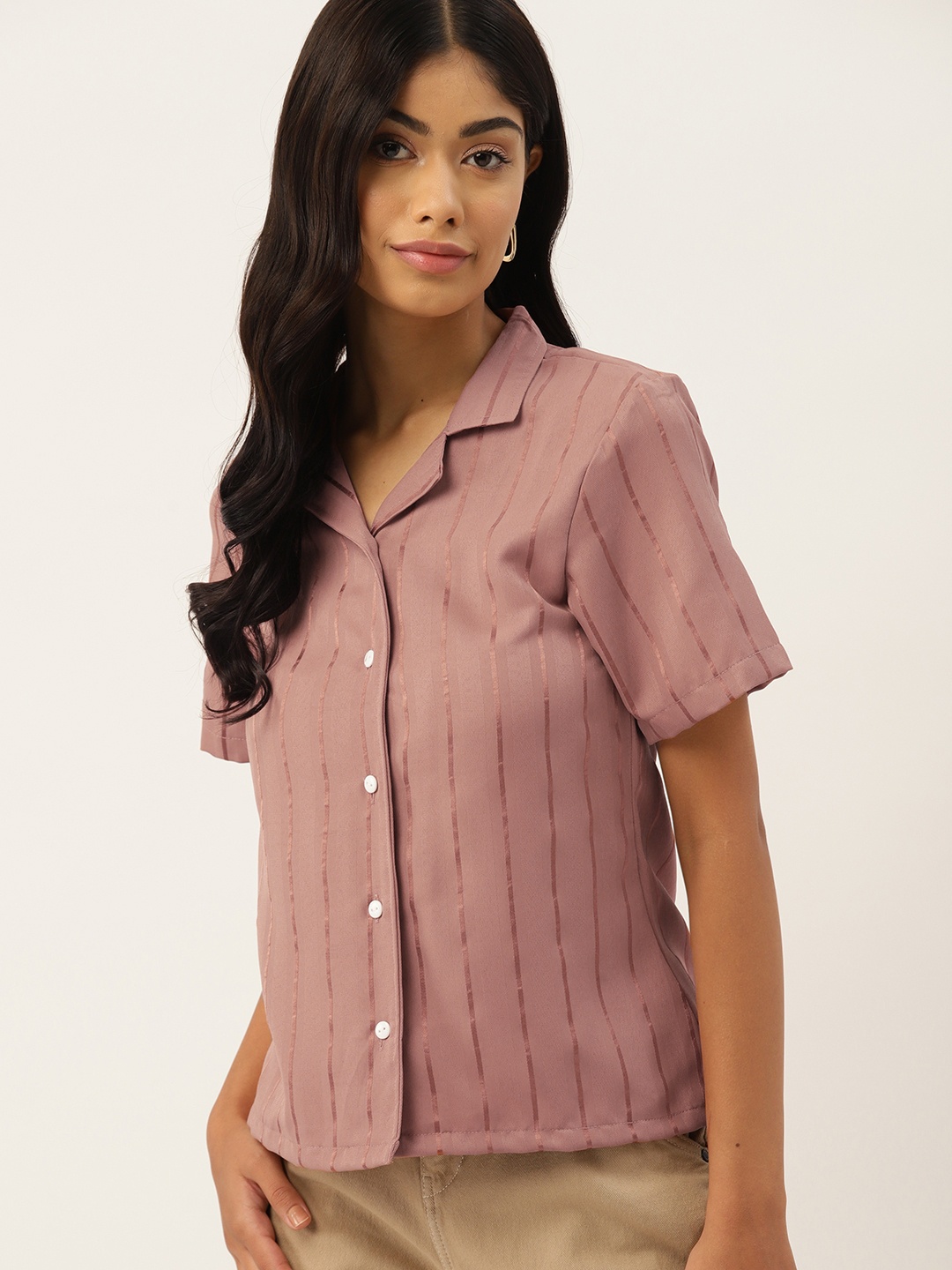 

DressBerry Striped Crepe Shirt Style Top, Brown