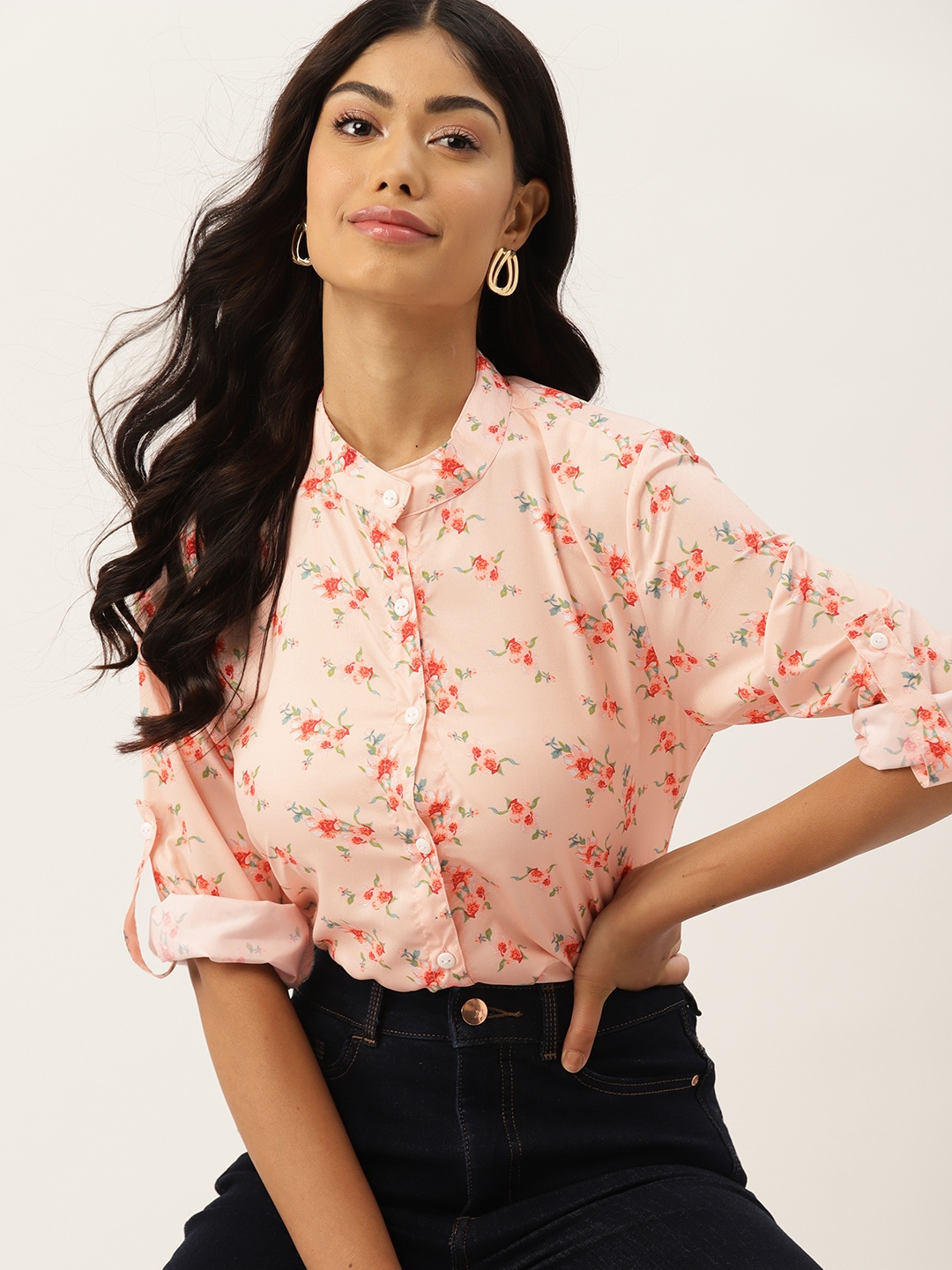 

DressBerry Floral Print Mandarin Collar Crepe Shirt Style Top, Peach