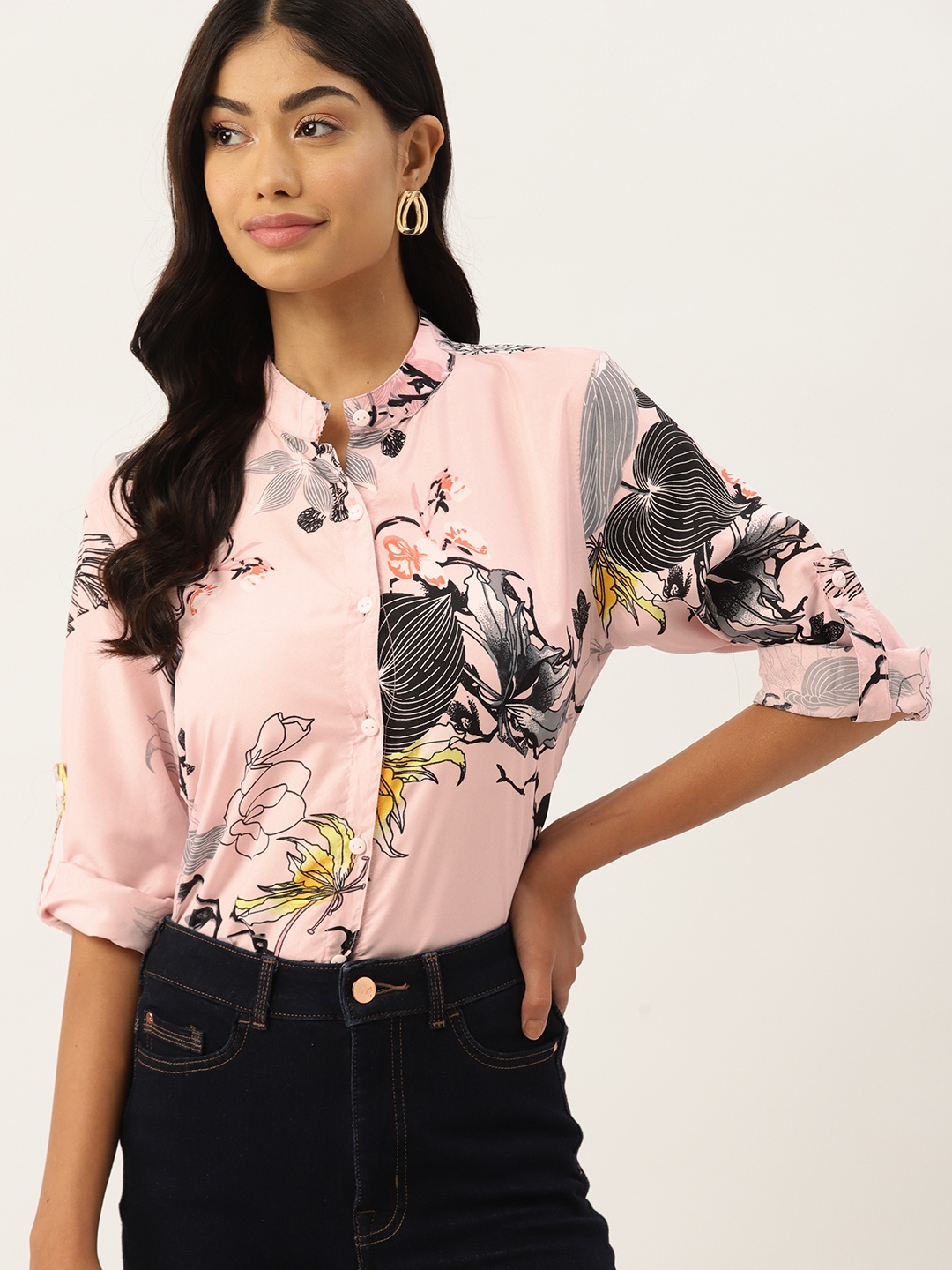 

DressBerry Floral Print Mandarin Collar Crepe Shirt Style Top, Pink