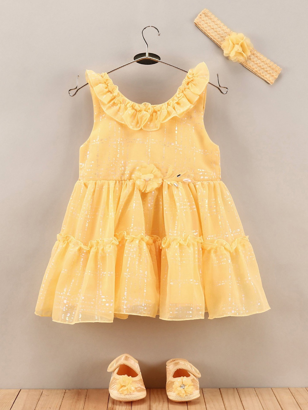 

Enfance Girls Infants Ruffles Detailed Tiered A-Line Dress, Yellow