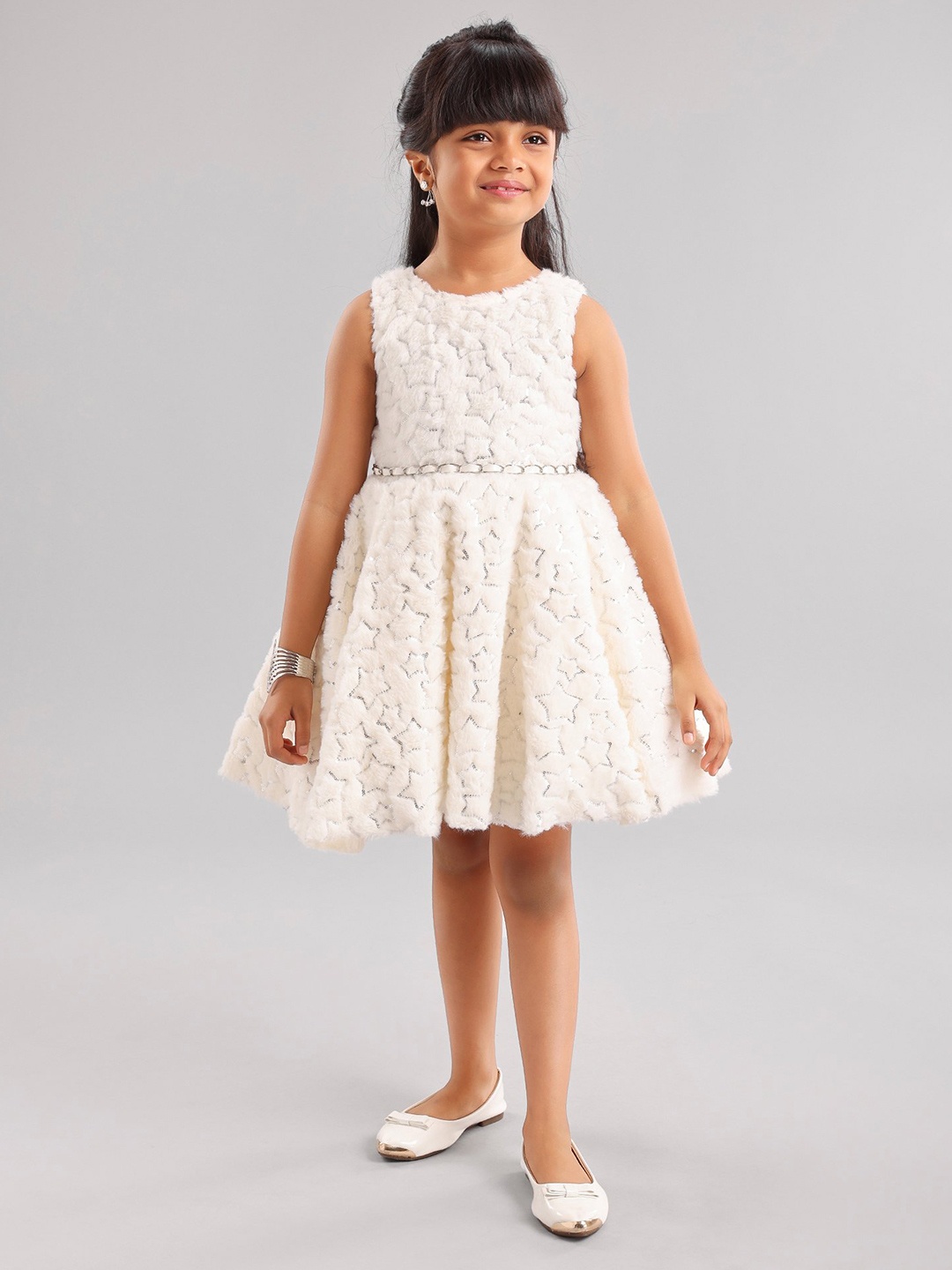

Enfance Girls Self Design Belted Net Fit & Flare Dress, Off white