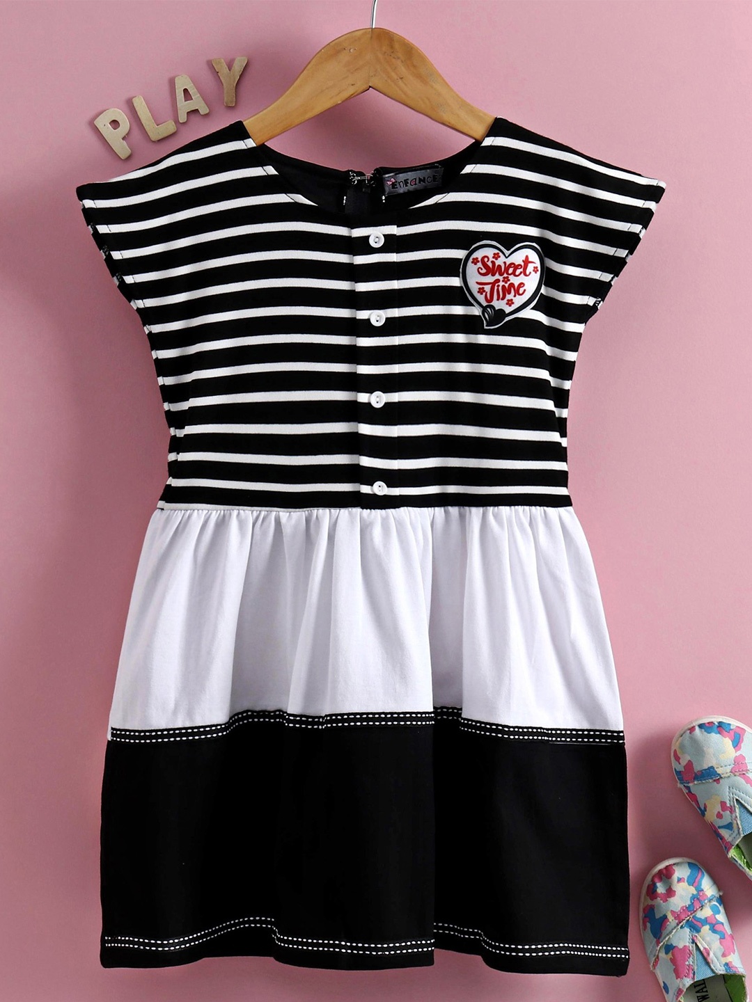 

Enfance Striped Tiered Detailed A-Line Dress, Black