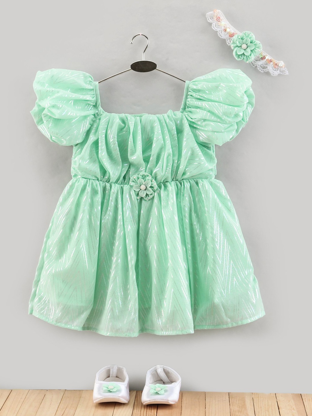 

Enfance Girls Infants Square NecK Puff Sleeves Gathered Fit & Flare Dress, Sea green