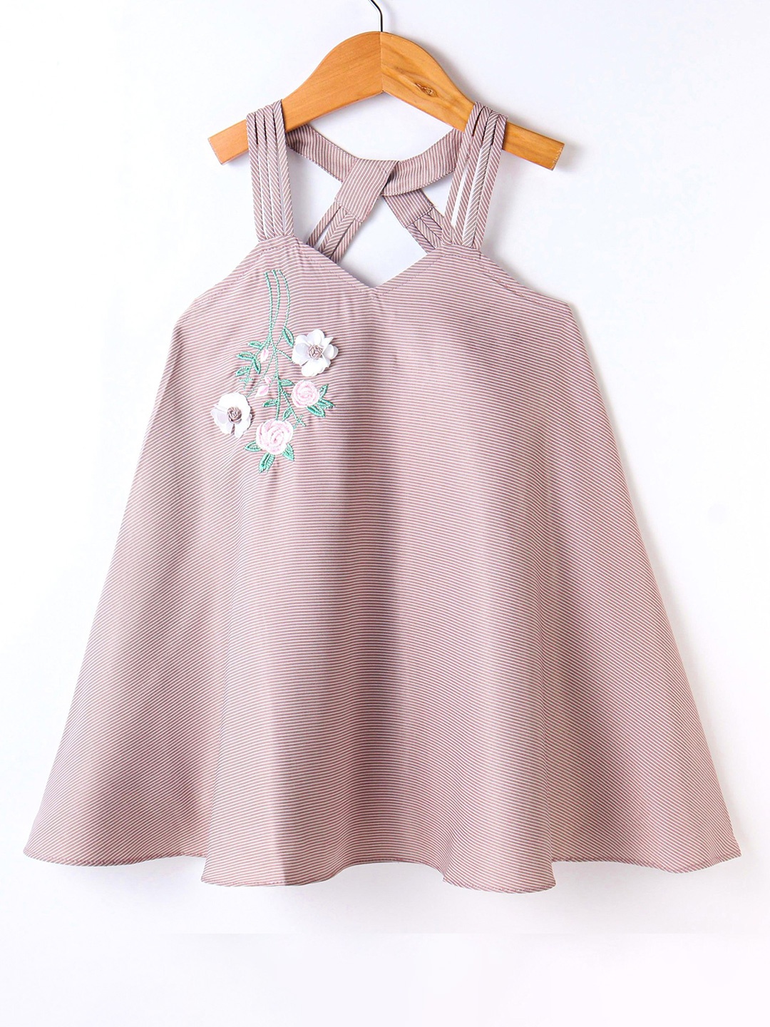 

Enfance Girls Striped Embroidered Detail A-Line Dress, Peach