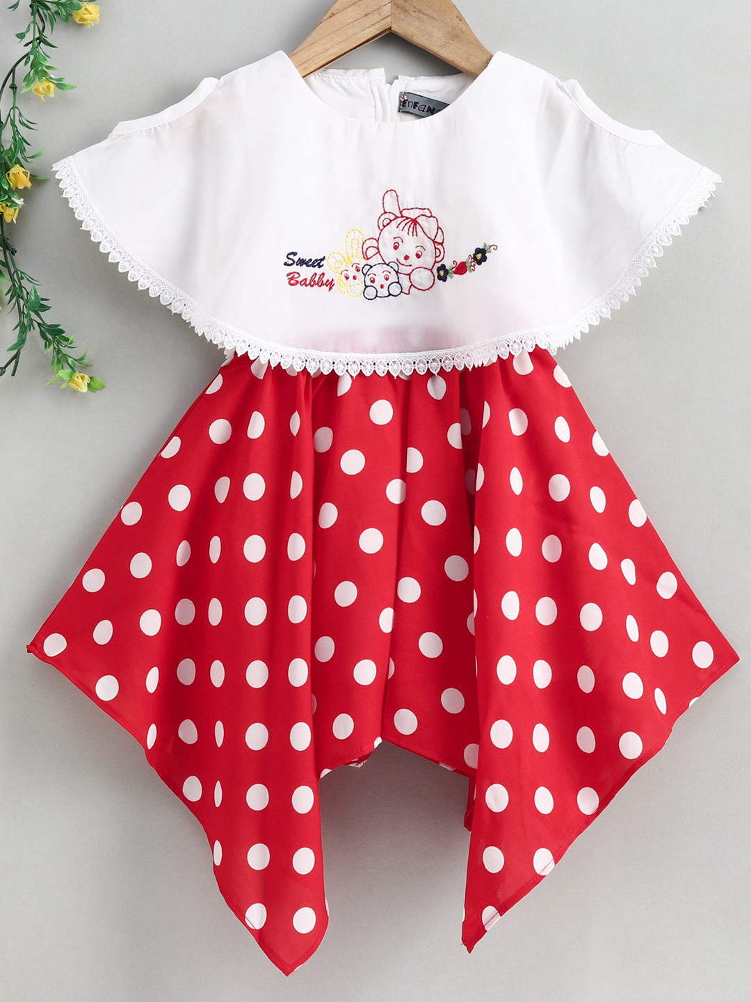 

Enfance Girls Polka Dots Printed Asymmetric Cotton A-Line Dress, Red