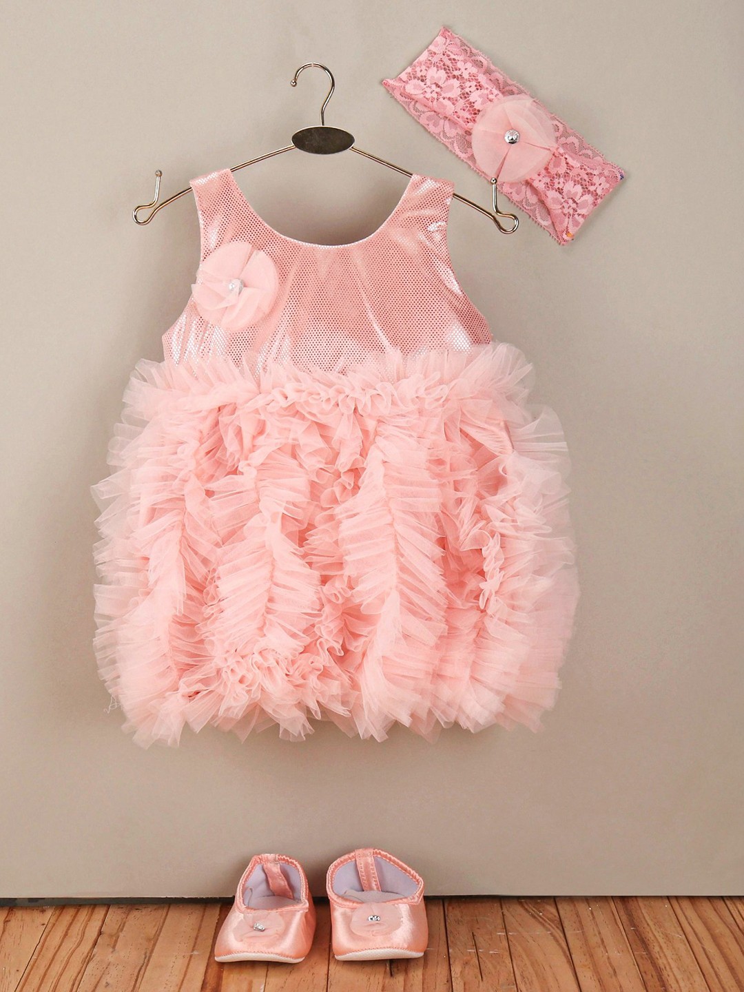 

Enfance Girls Infants Polka Dots Printed Ruffles Detailed A-Line Dress, Peach