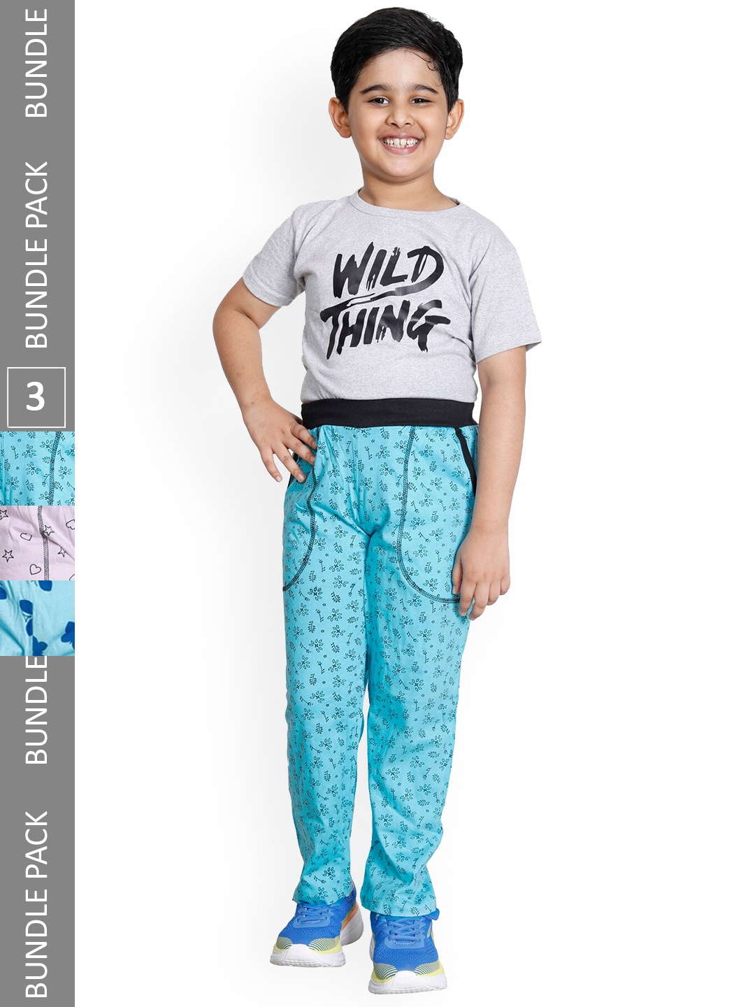 

IndiWeaves Boys Pack Of 3 Printed Cotton Mid-Rise Track Pants, Blue