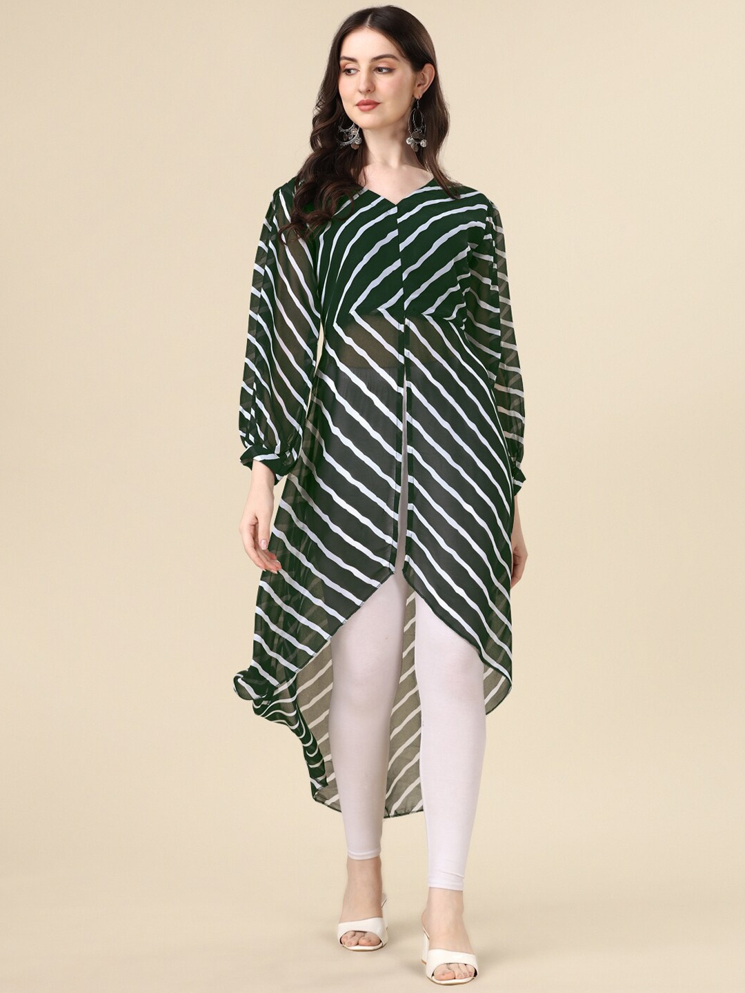 

PMD Fashion Striped Pure Georgette High Low Kurta, Green