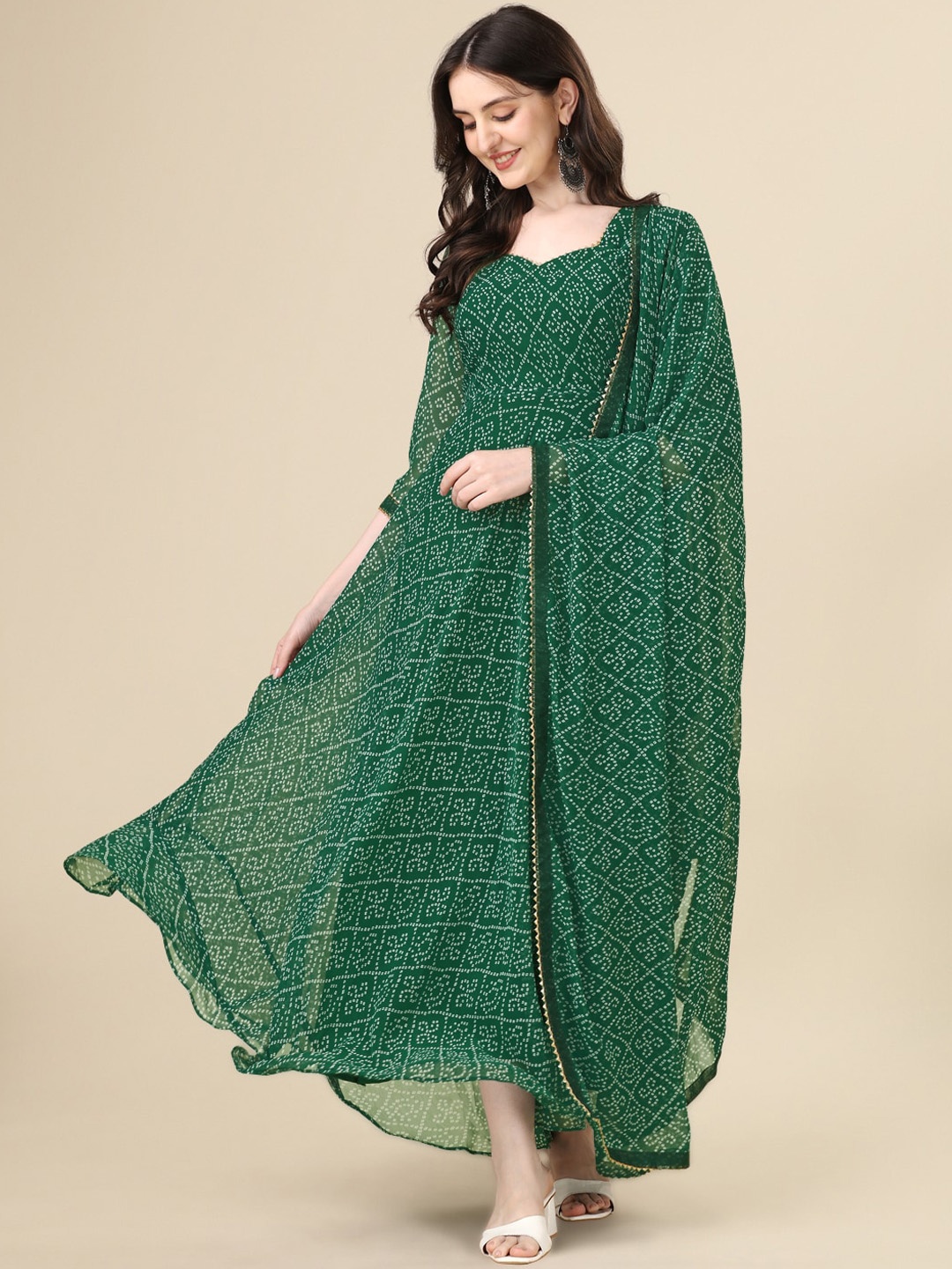 

PMD Fashion Bandhani Printed Georgette Maxi Dress With Dupatta, Green
