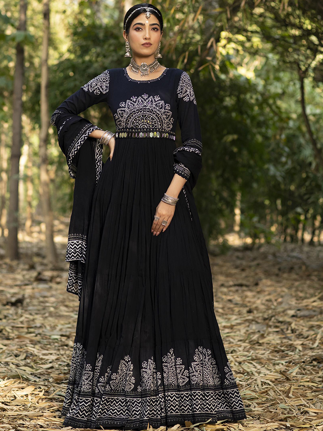 

SCAKHI Ethnic Motifs Printed Cotton Maxi Gown Ethnic Dress With Dupatta & Mirror Work Belt, Black