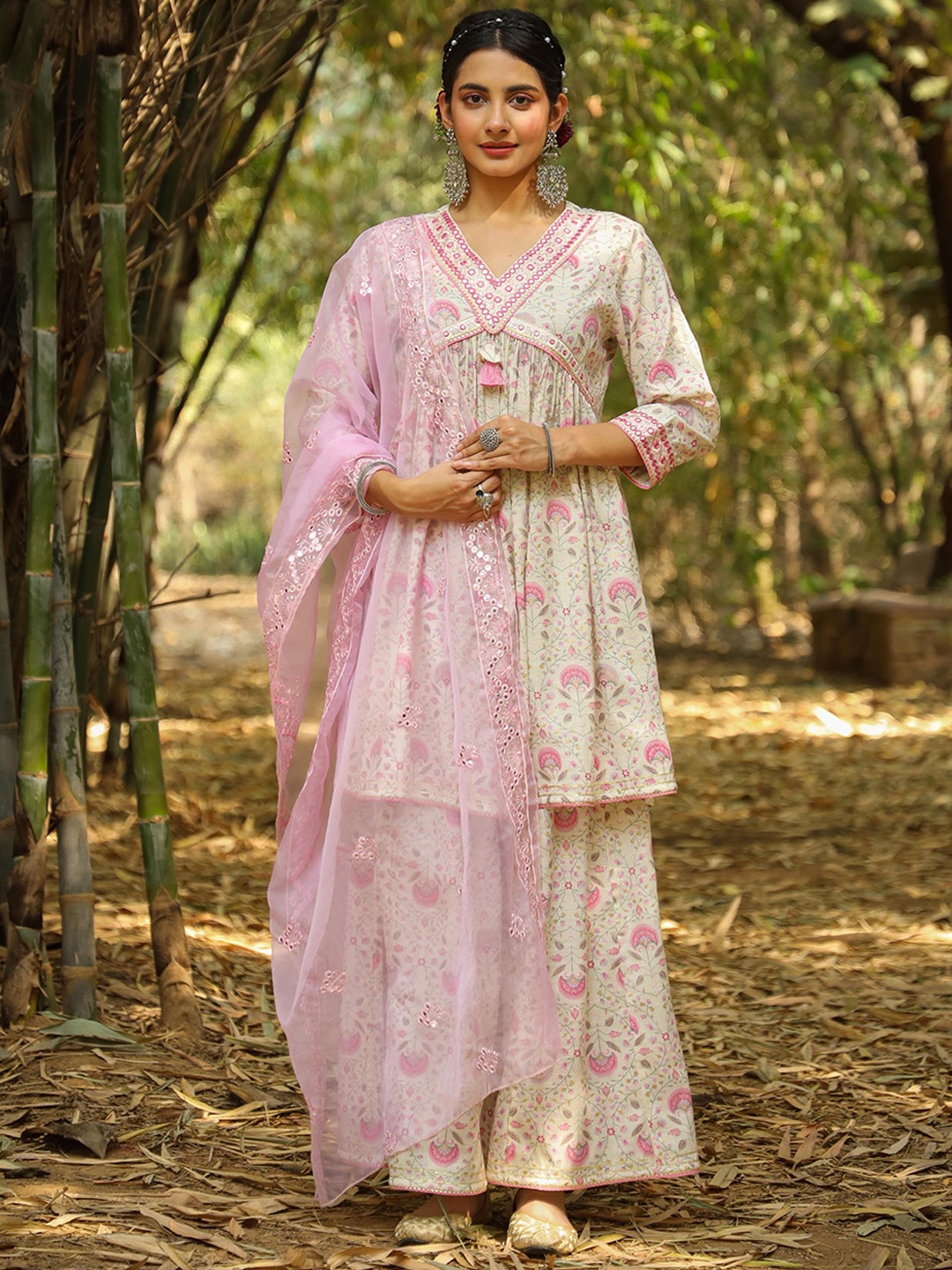 

SCAKHI Floral Printed Pleated Mirror Work Pure Cotton Kurta With Sharara & With Dupatta, Off white