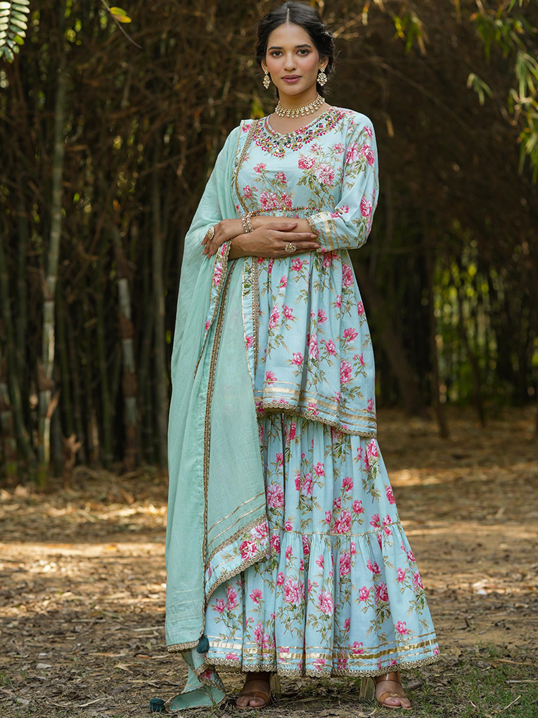 

SCAKHI Floral Printed Pleated Thread Work Pure Cotton Kurti With Sharara & Dupatta, Turquoise blue