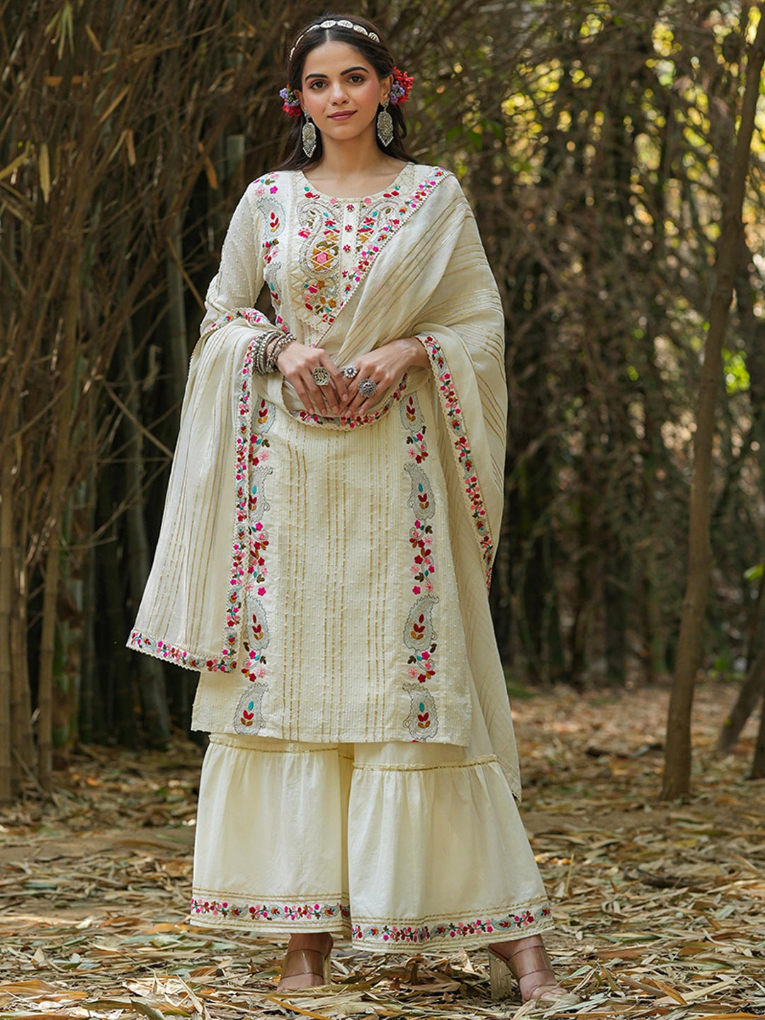 

SCAKHI Floral Embroidered Thread Work Dobby Pure Cotton Kurta With Sharara & With Dupatta, Off white