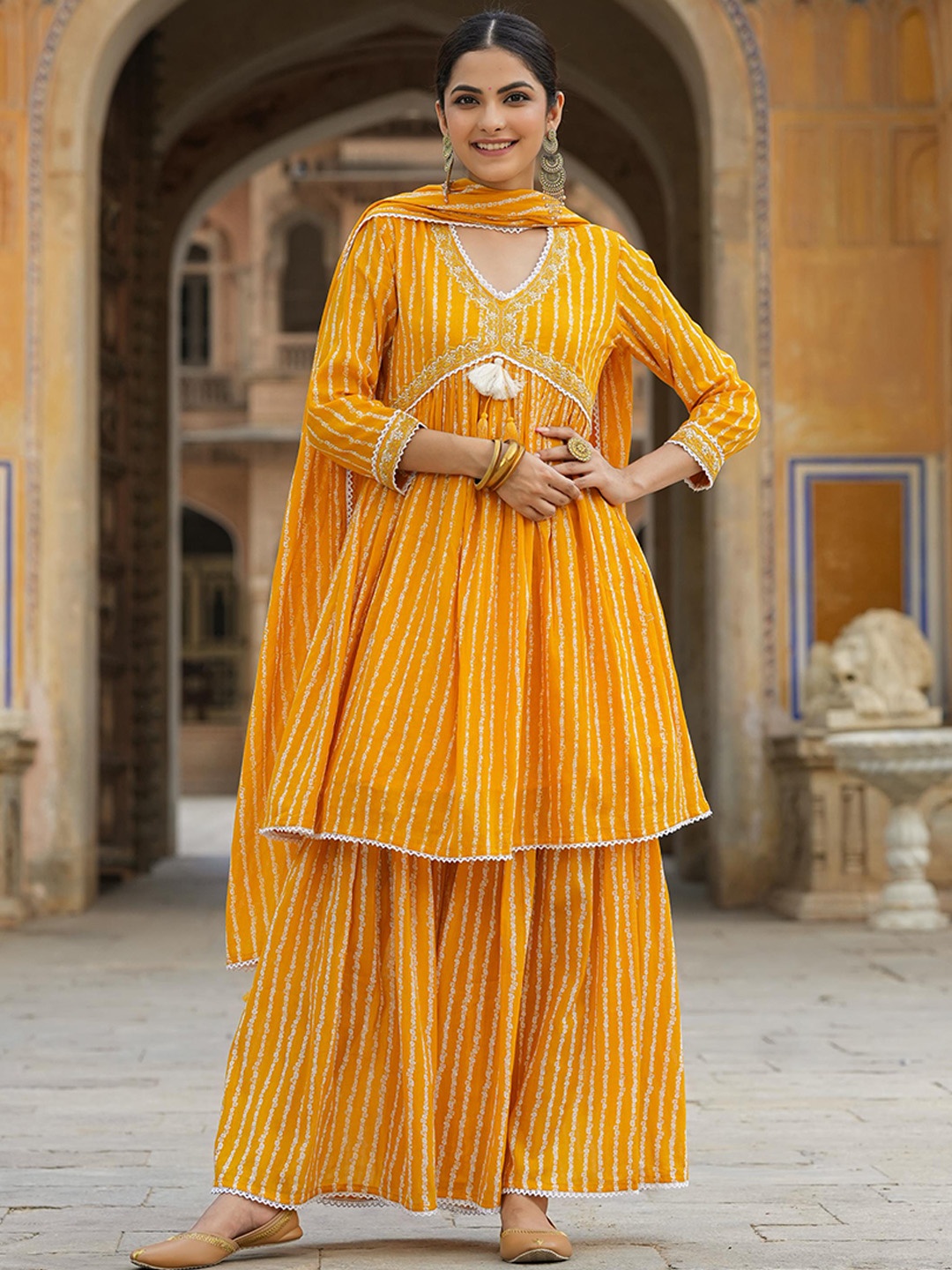

SCAKHI Bandhani Printed Pleated Sequinned Pure Cotton Kurti With Sharara & Dupatta, Yellow