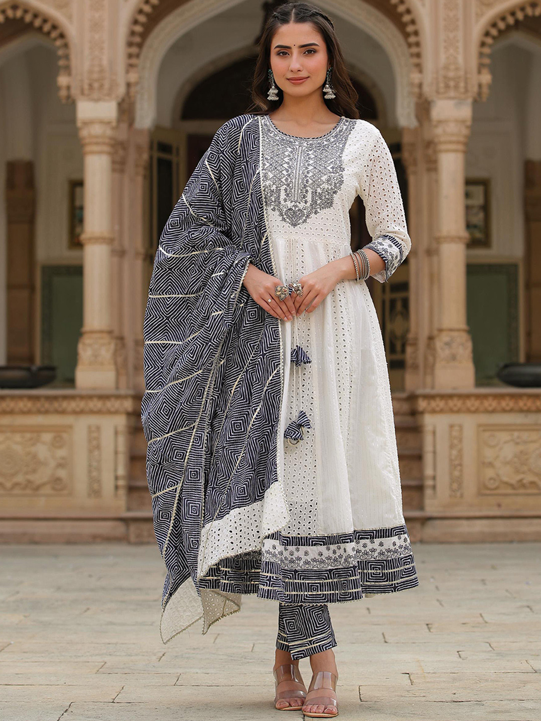 

SCAKHI Self Design Pure Cotton Anarkali Kurta With Trousers & With Dupatta, White