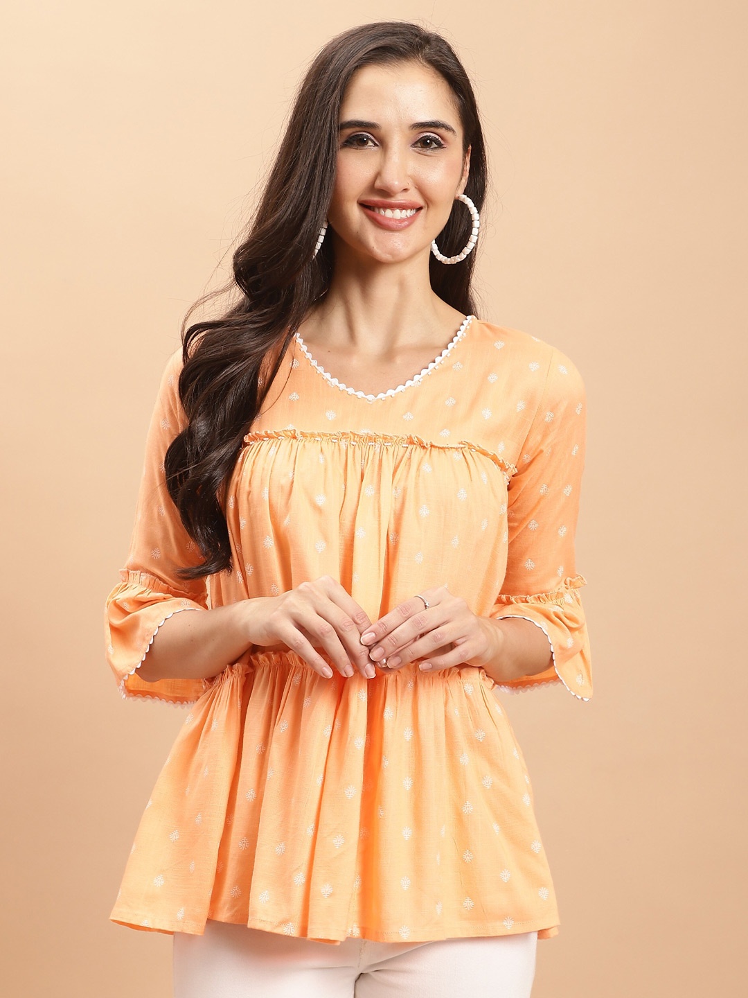 

Roly Poly Ethnic Printed Gathered V-Neck Bell Sleeves Tiered Top, Peach