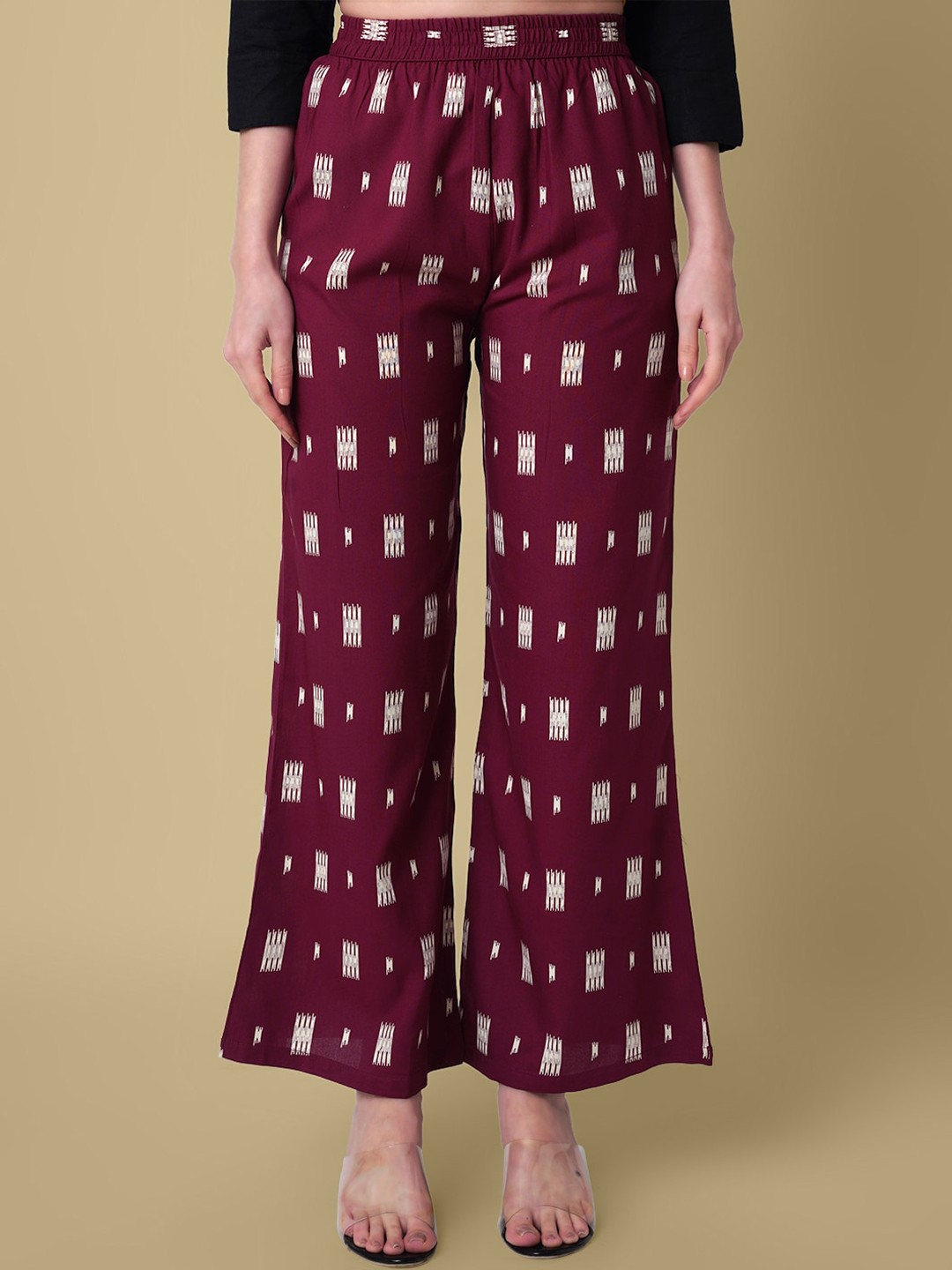 

DAEVISH Women Conversational Printed Relaxed Loose Fit Parallel Trousers, Burgundy