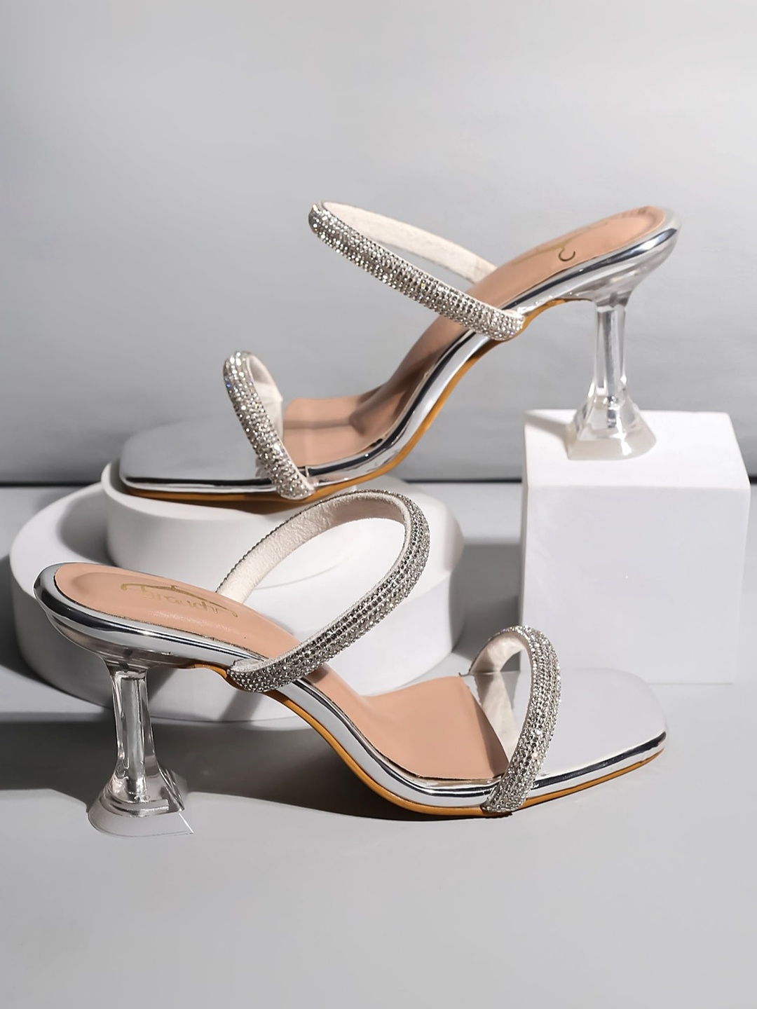 

Brauch Embellished Two Strap Party Block Heels, Silver