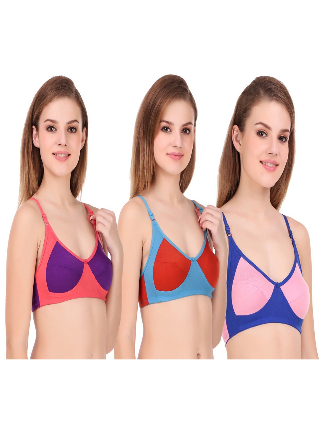 

Piylu Pack of 3 Colourblocked Non Padded Full Coverage All Day Comfort Bra, Pink