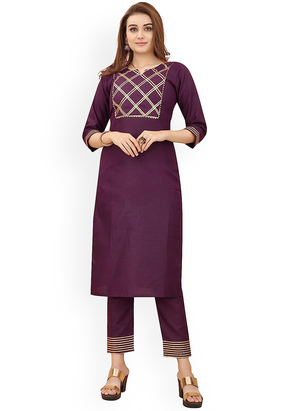 

PERFECTBLUE Ethnic Motifs Yoke Design Kurta with Trousers, Purple