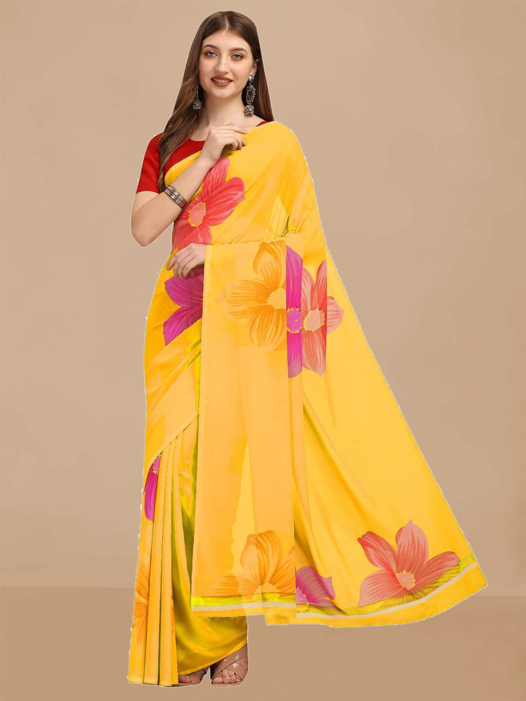 

Dori Floral Printed Pure Georgette Saree, Yellow