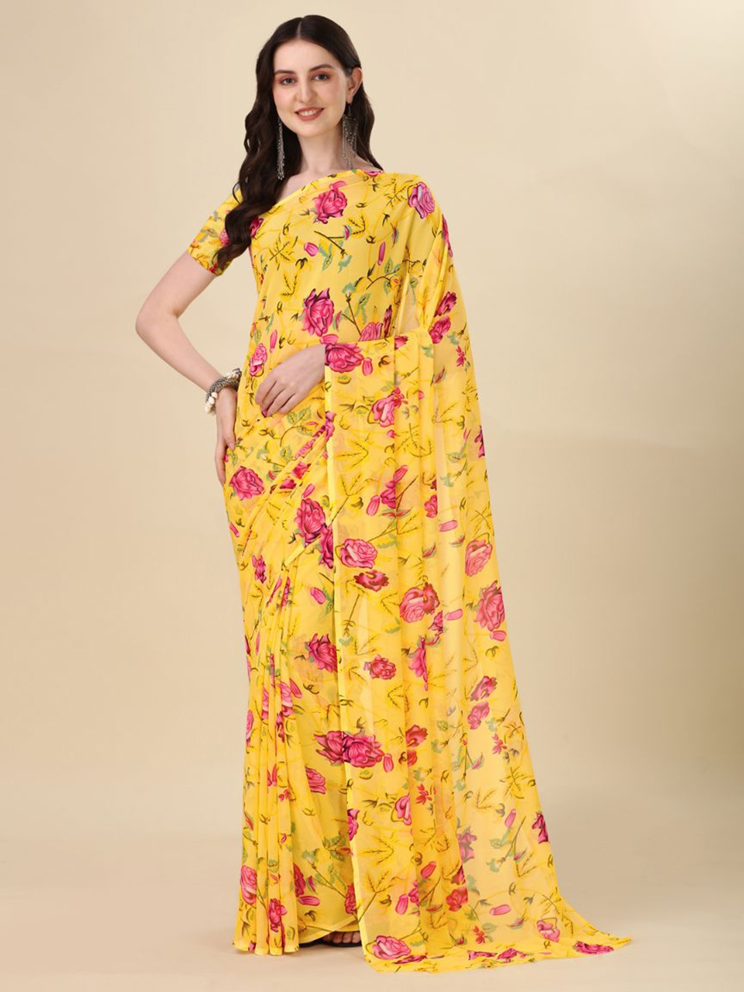 

Dori Floral Printed Pure Georgette Saree, Yellow