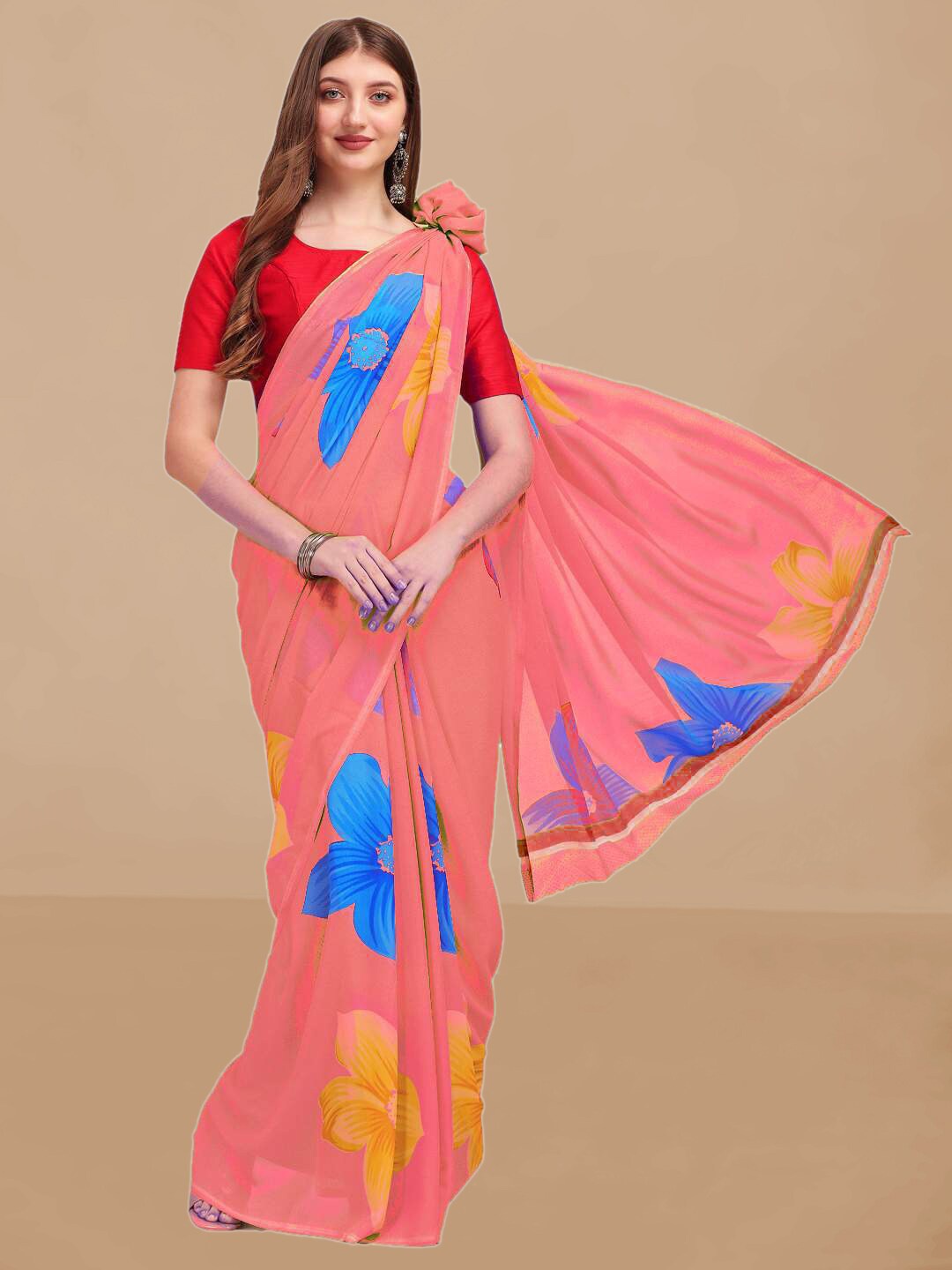 

Dori Floral Printed Pure Georgette Saree, Pink