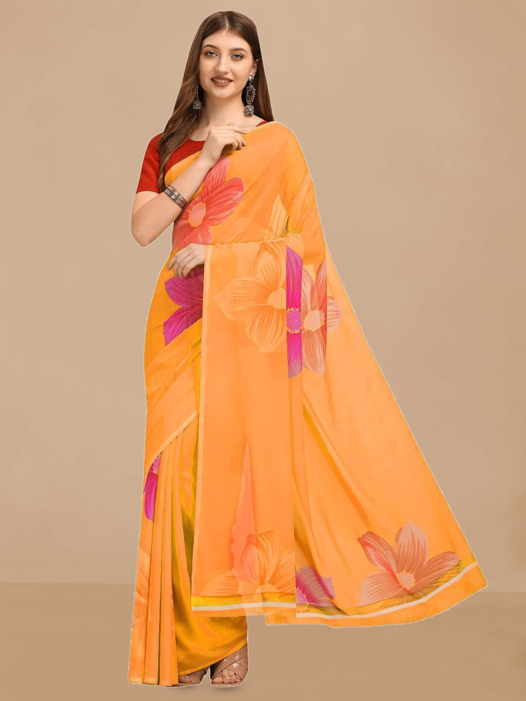 

Dori Floral Printed Pure Georgette Saree, Orange