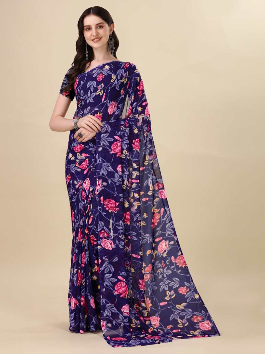 

Dori Floral Printed Pure Georgette Saree, Navy blue