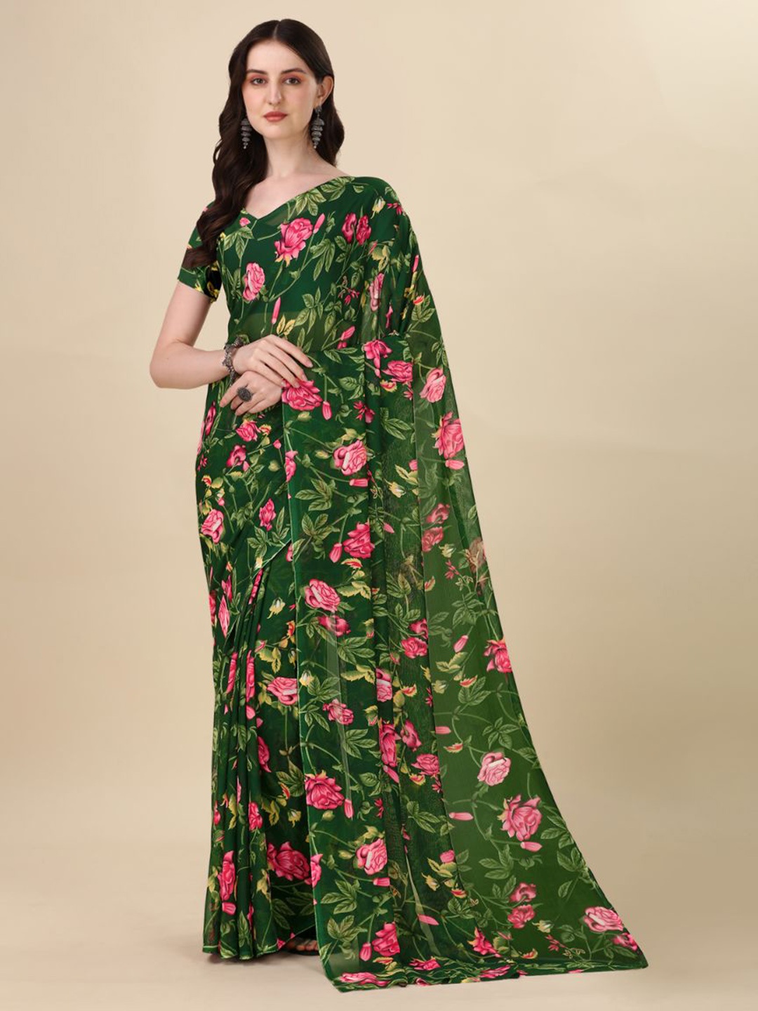 

Dori Floral Printed Pure Georgette Saree, Green