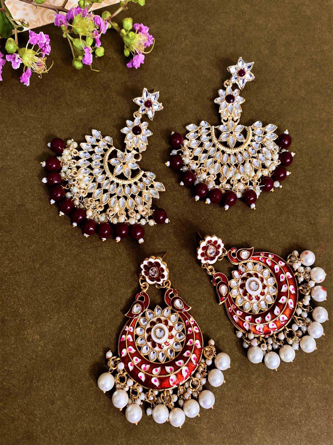 

ATIBELLE Set Of 2 Gold Plated Contemporary Kundan-Studded And Beaded Chandbalis